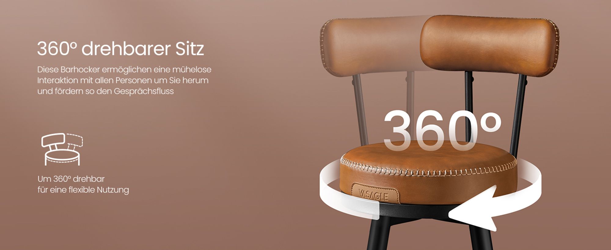 VASAGLE EKHO Kollektion - 360° drehbarer Barhocker, 2er Set, Hocker mit Rückenlehne für Bartisch