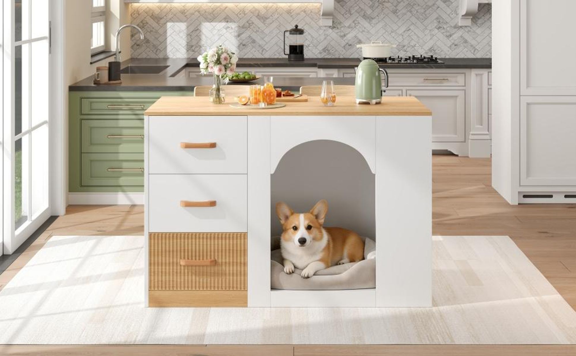 Merax Kücheninsel Mit Hundebereich, Küchenschrank Mit 3 Schubladen, Seitenregal, Holzoptik Kommode, Sideboard Küchenmöbel Mit Haustier-Ruhezone, Weiß