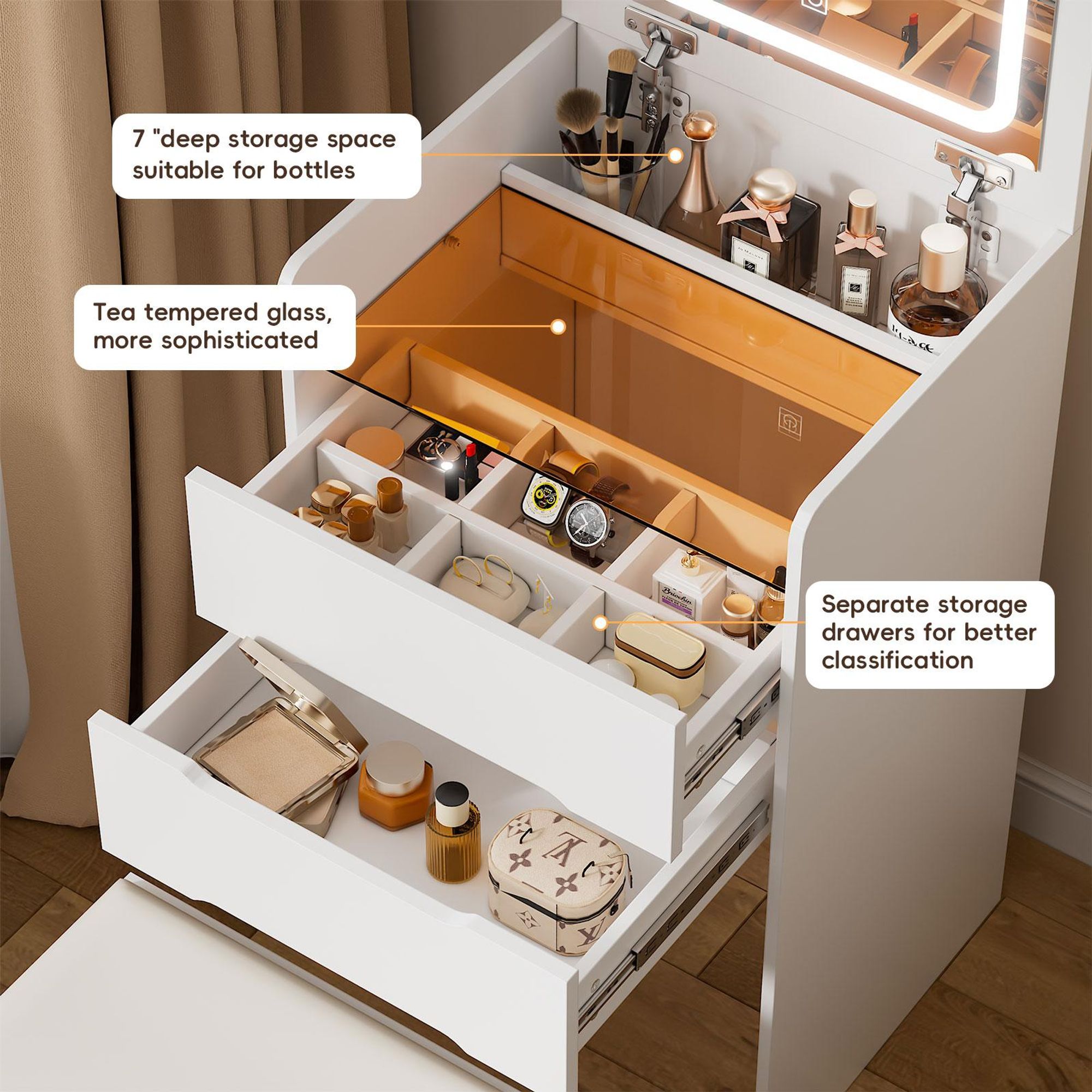 Schminktisch mit LED Spiegel 3 Lichtfarben, Kosmetiktisch mit Hocker und Stauraum, Schminkkommode mit Schubladen 48×40×82 cm