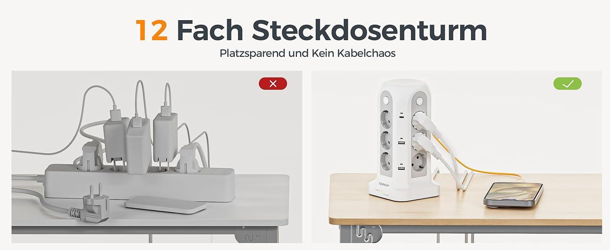 TESSAN 12 Fach Mehrfachsteckdose mit 6 USB(4 USB-A/2 USB-C) Kabel 5m Mehrfachsteckdose