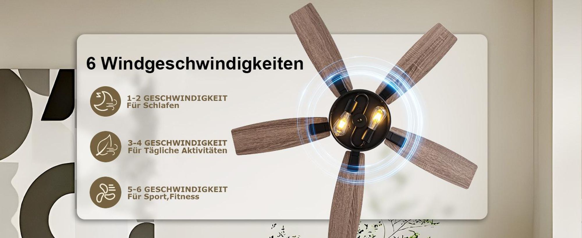 132cm Deckenventilator mit Beleuchtung und Fernbedienung, DC Motor, 2x E27 Glühbirnen, 6 Windgeschwindigkeit, Timer, für Wohnzimmer Küche Esszim