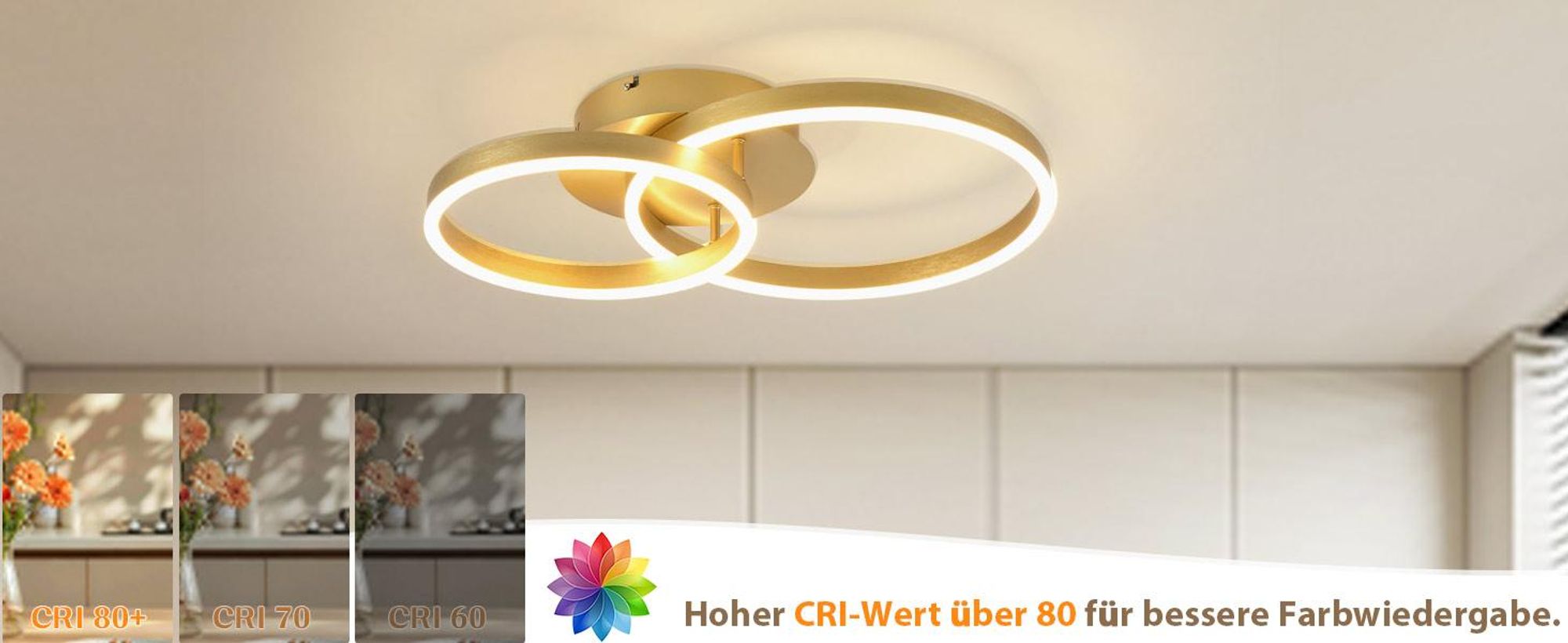 ZMH LED stropní lampa 46W Stropní svítidlo do obýváku Stmívatelné s dálkovým ovládáním Zlatá 2 kroužky z akrylu Stropní osvětlení pro ložnici