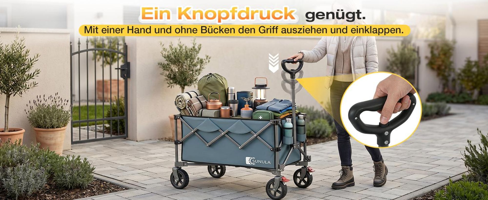 SUNULA Bollerwagen Faltbar Tragkraft 120 KG Handwagen mit EIN-klick-Handgriff, Blau