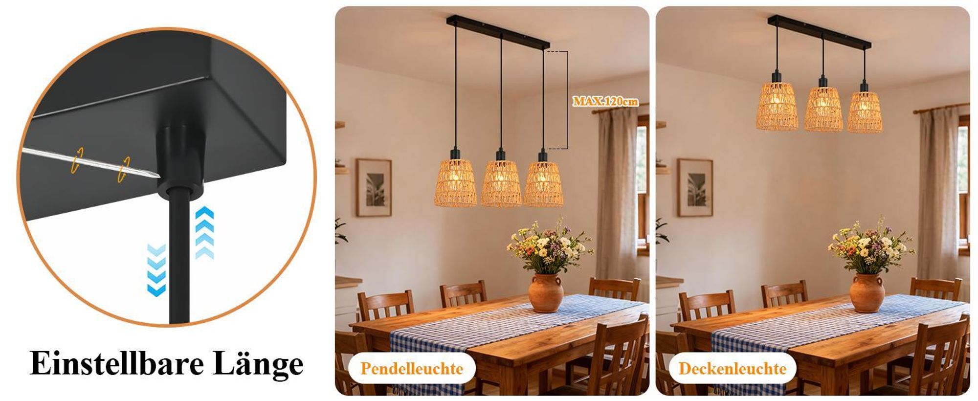 ZMH Hängelampe Boho Pendelleuchte Rattan 3 Flammig Esstischlampe Retro Geflochten Hängeleuchte Lampenschirm Hanfseil E27 Pendellampe Ohne Leuchtmittel