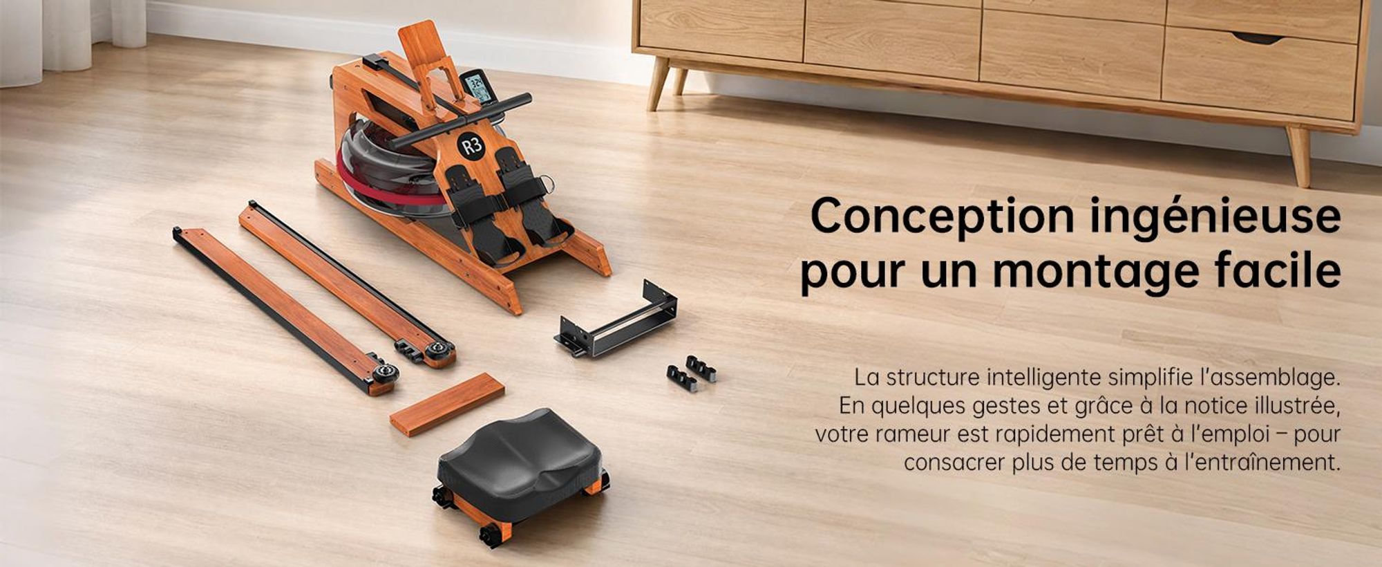 JASPORT R3 rameur à eau pliable en chêne , Bluetooth, écran LCD, Kinomap, réservoir de 28 l, jusqu’à 150 kg – Cherry