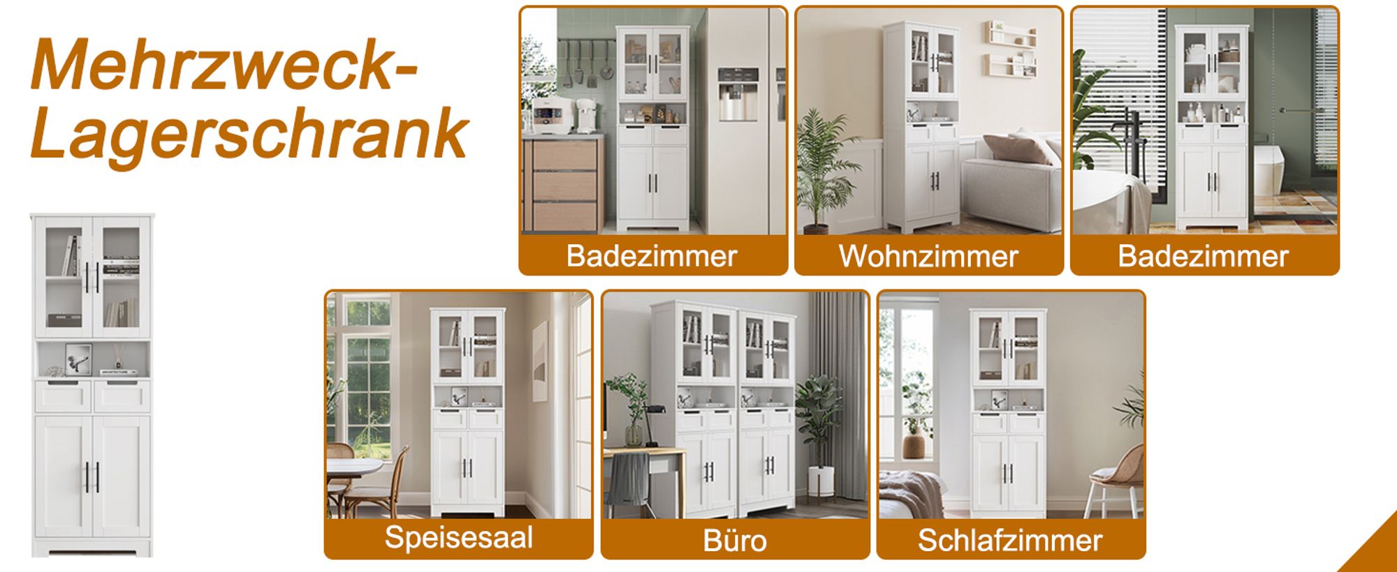 FCH Küchenunterschränke,Vorratsschrank, mit 4 Türen und 2 Schubladen,60 x 30 x 170cm,Weiß