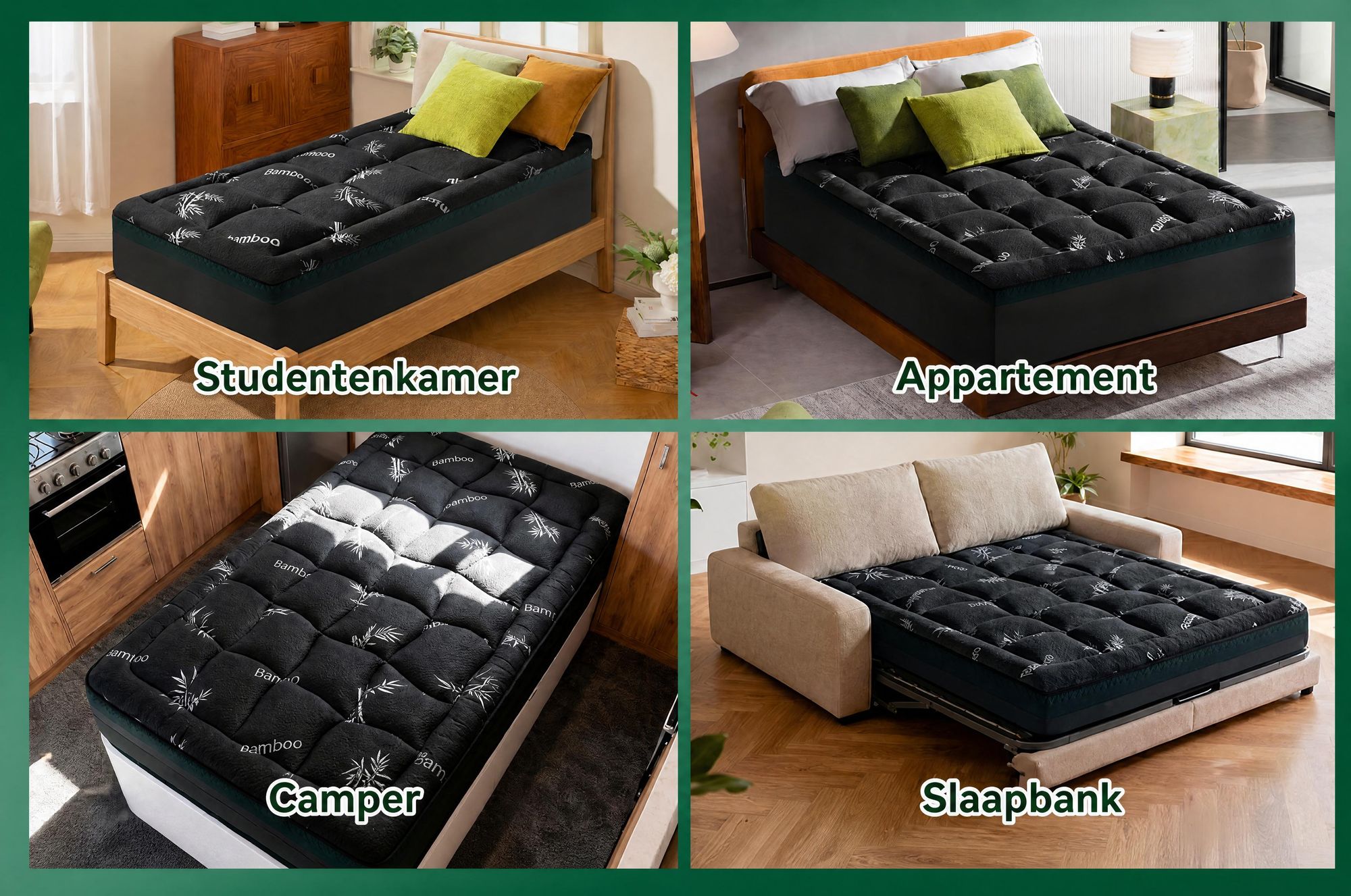 NicePlus 2-in-1 Topper, 120x200x7 cm, traagschuim met 5 zones + bamboe tijk, met hoekelastieken geschikt voor alle matrassen, H2/H3, zwart