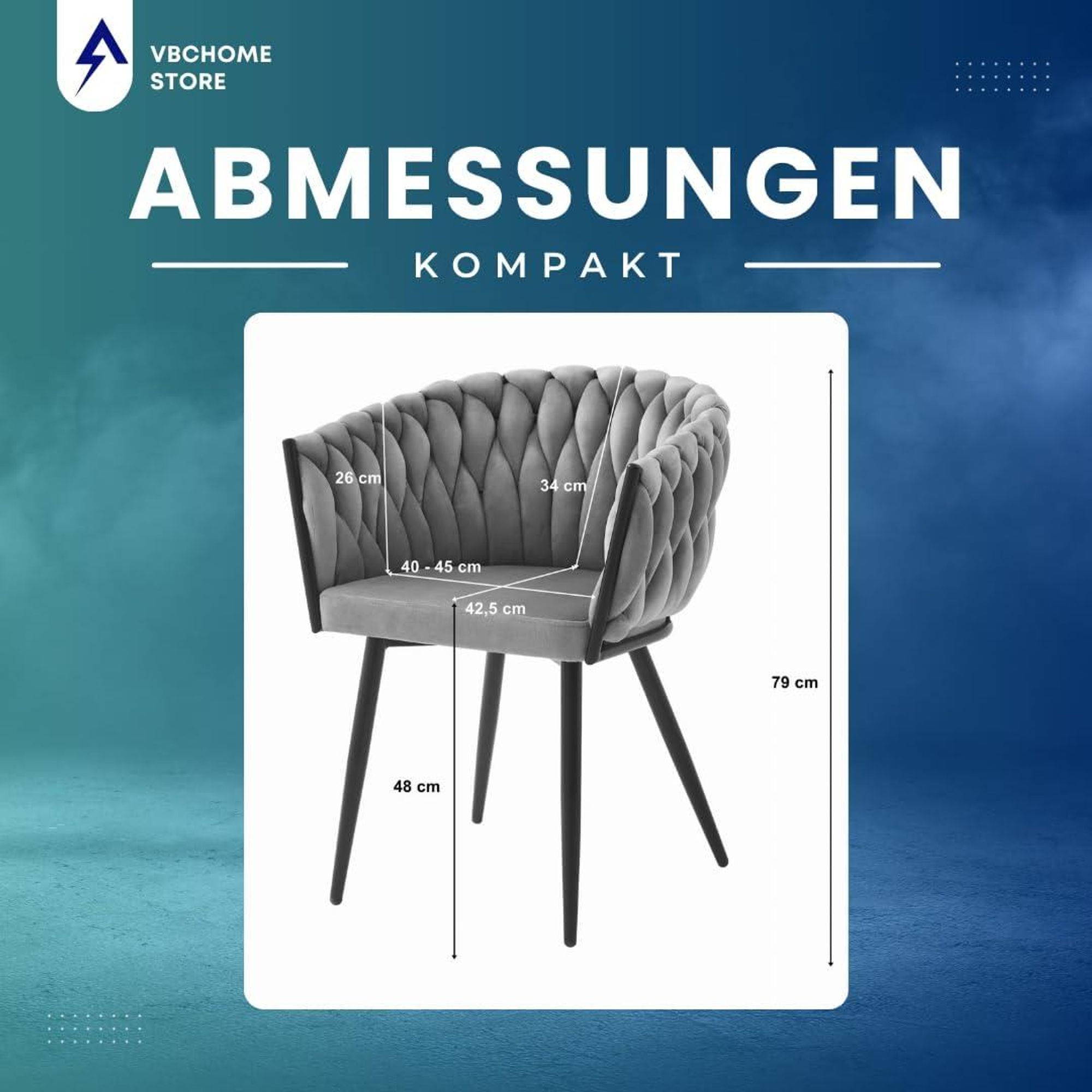 VBChome Stuhl Samtstoff Dunkel Grau Gepolstert Geflochten Esszimmerstuhl & Wohnzimmerstuhl Glamourösen Loft & Industrial Stil Komfort Metallgestell