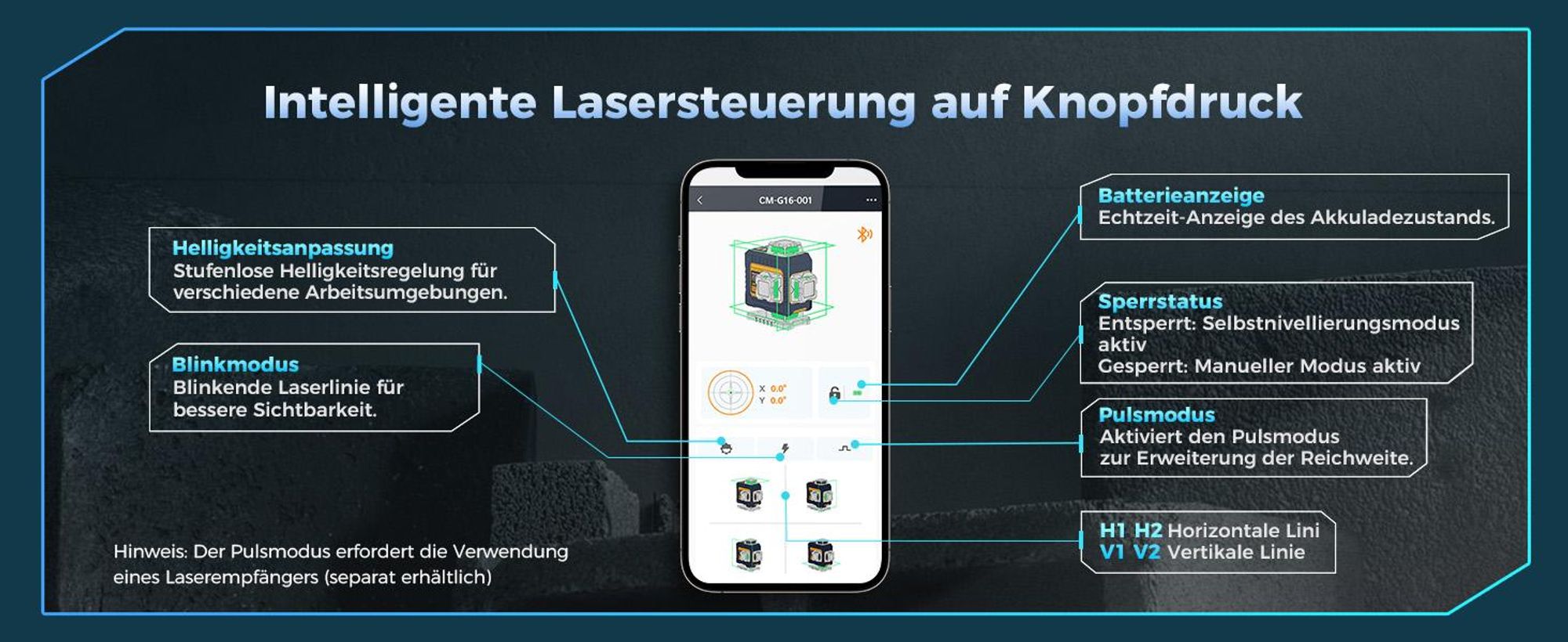 CIGMAN CMG16 Kreuzlinienlaser 4 x 360 Grad – App Steuerung, Grün, IP54