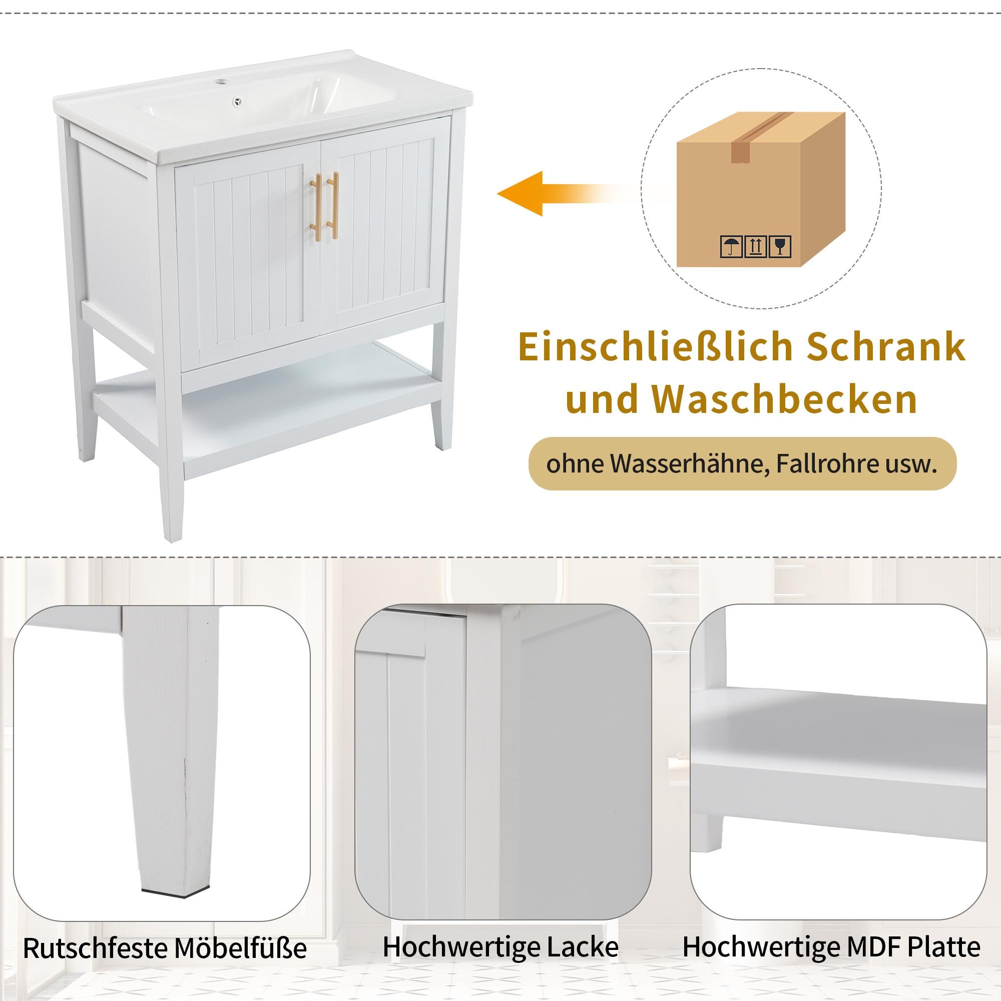 Merax Waschtischunterschrank 80 cm, mit Keramik-Waschbecken, Bodenstehender Badezimmerschrank, Zwei Türen und offenes Fach, Badezimmermöbel, Weiß