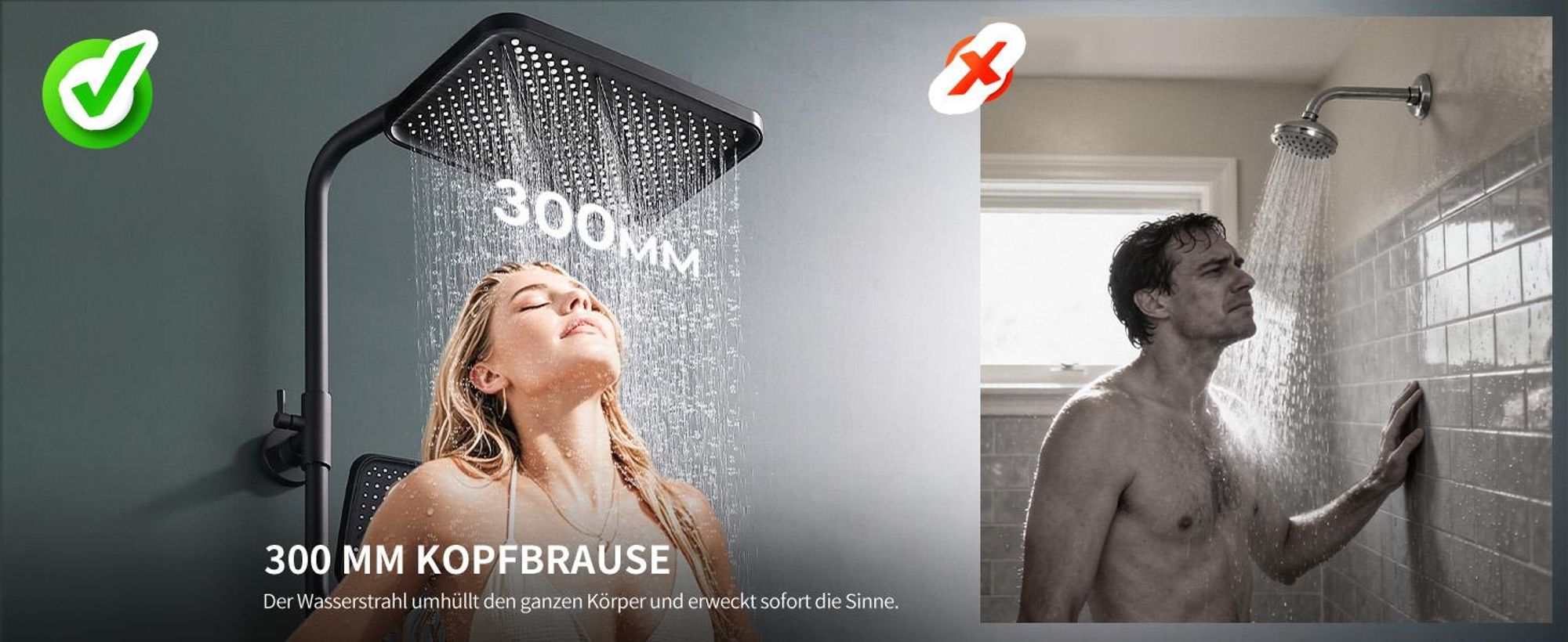 Duschsystem mit Thermostat und Glasablage in Schwarz Matt,Brausegarnitur 3 Strahlart(en), 12 Zoll Regendusche, 3-Funktions-Handbrause