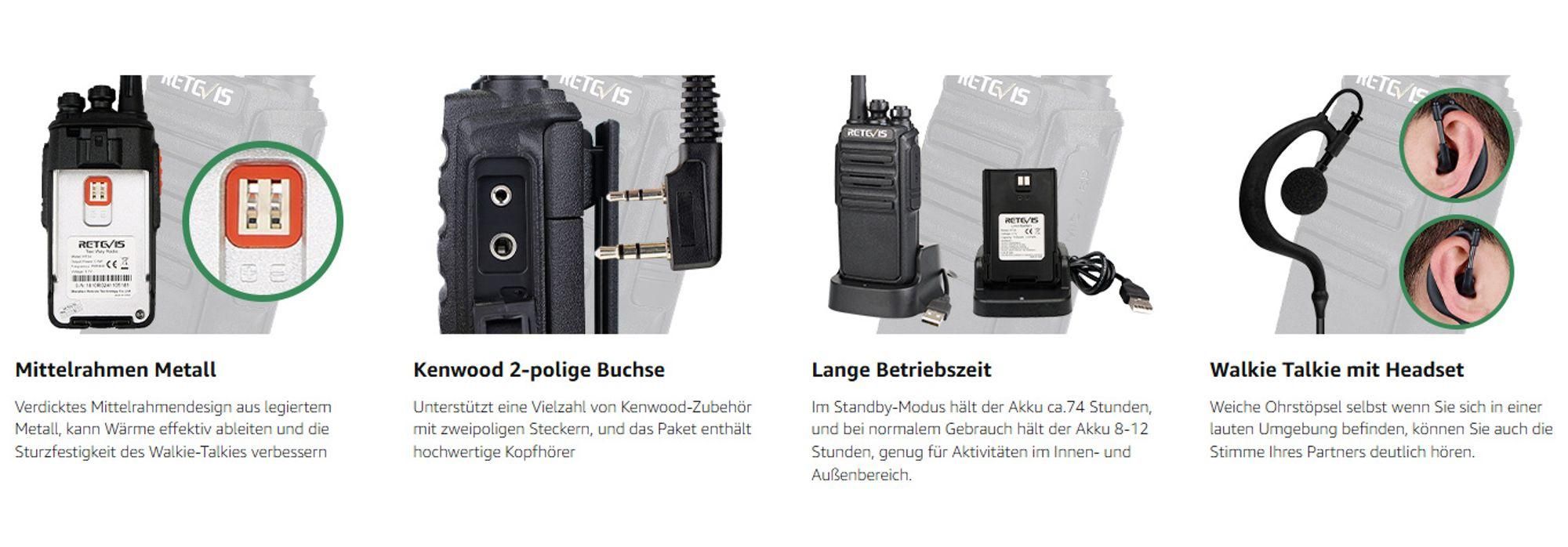 Retevis RT24 Plus Walkie Talkie 4er Set mit Akku, PMR446 Funkgeräte mit Headset, 3km, 16 Kanäle IPx4 Wetterschutz, 50CTCSS 105DCS, für Schule, Camping
