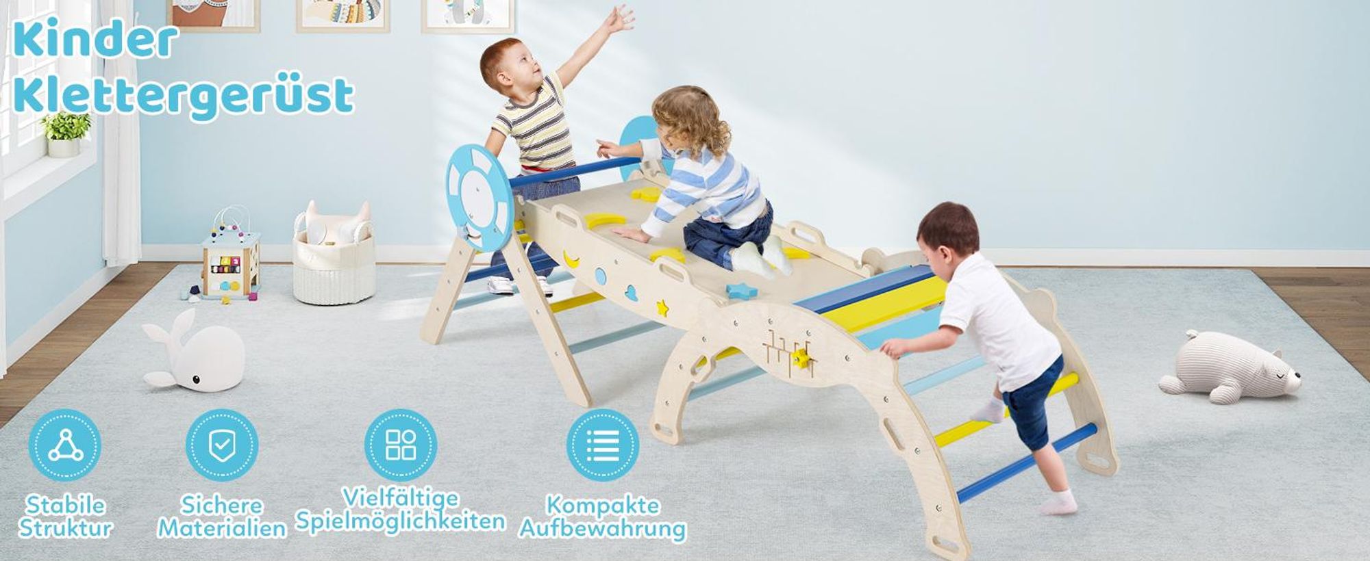 COSTWAY Klettergerüst Indoor 3er Set, klappabres Kletterdreieck mit Rutsche, Kletterbogen, doppelseitige Rampe&Baustein Set, für Kinder 1+