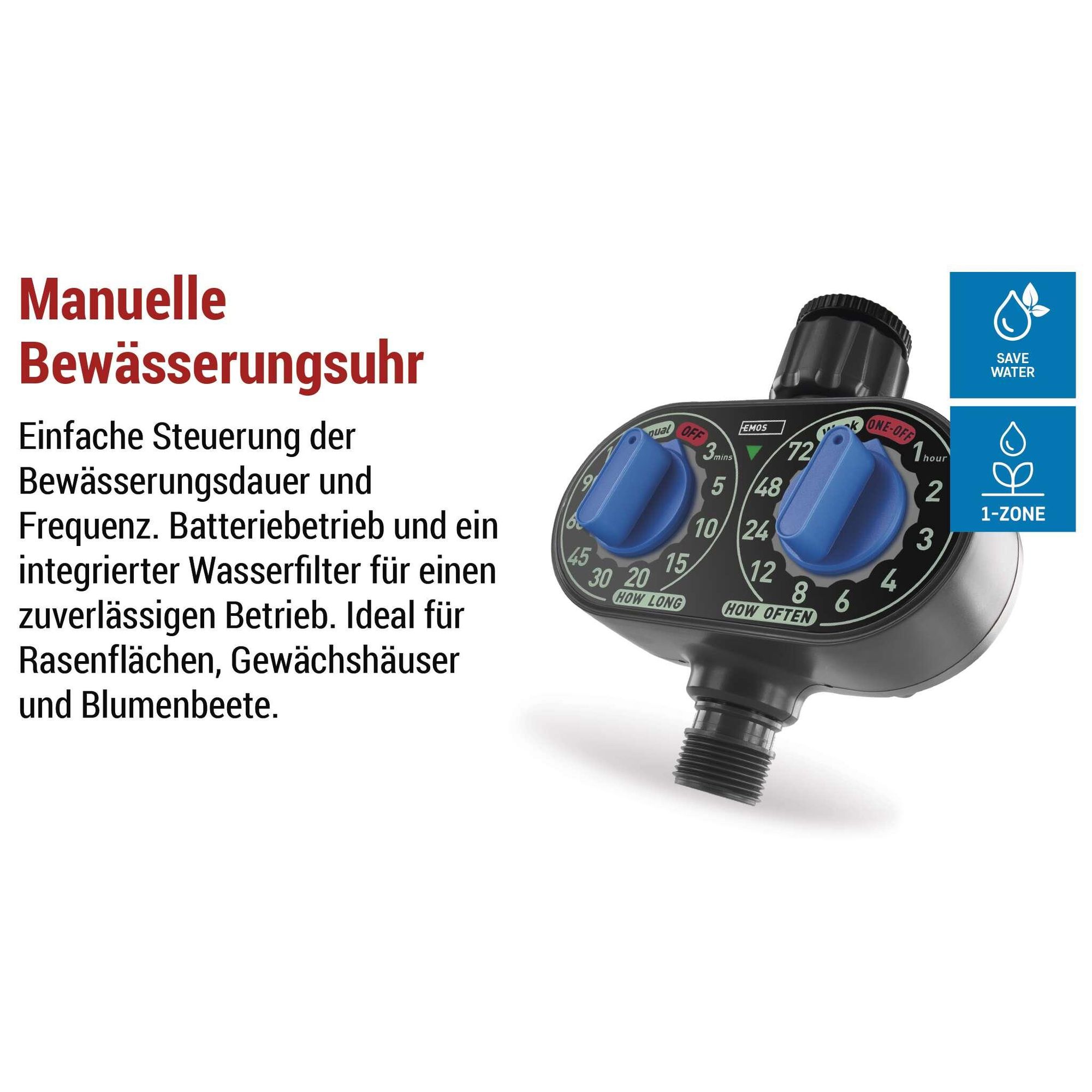 EMOS mechanische Bewässerungsuhr mit 1 Ausgang, batteriebetrieben, bis 8bar, 35 l/min, manuell, 3-120m alle 1-72h,  für 1″ bzw. 3/4″-Gewinde, PW56001
