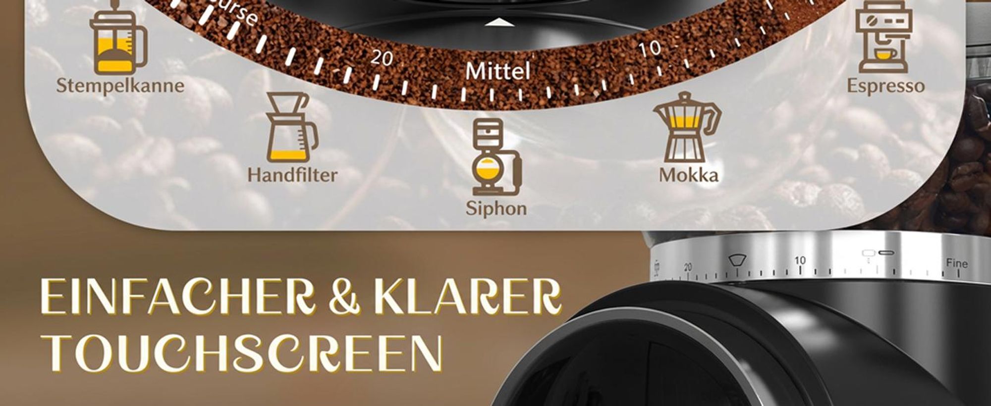 CHEFFANO Elektrische Kaffeemühle mit Kegelmahlwerk & 30 Mahlstufen, Touchscreen für bis zu 12 Tassen - Für Espresso, Filterkaffee, French Press