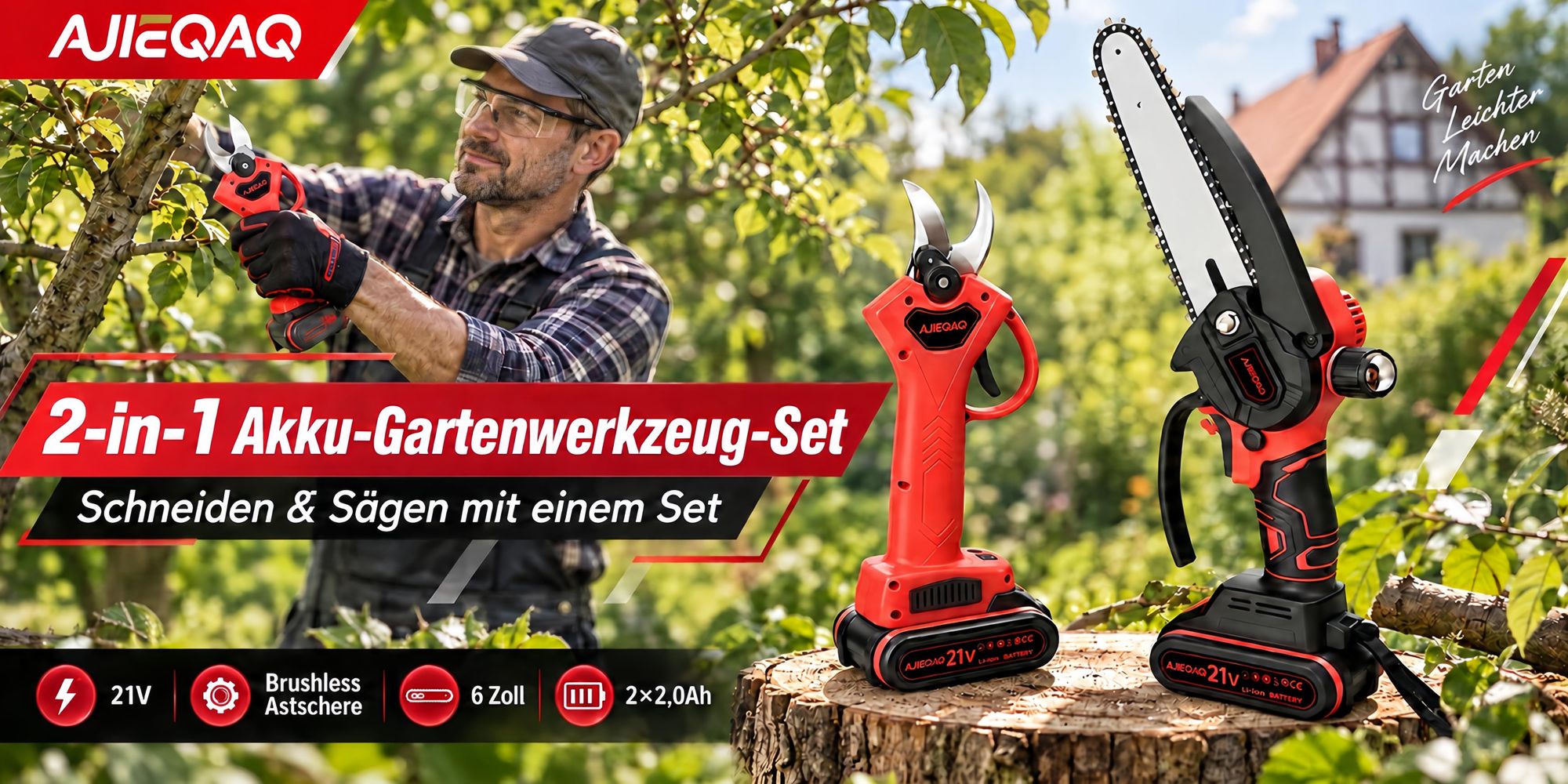 21V 2-in-1 Akku Gartenschere & Mini Kettensäge, Brushless Akku Astschere/Baumschere, 25 mm SK5, 6 Zoll Akku Kettensäge, 2×2,0Ah Akkus