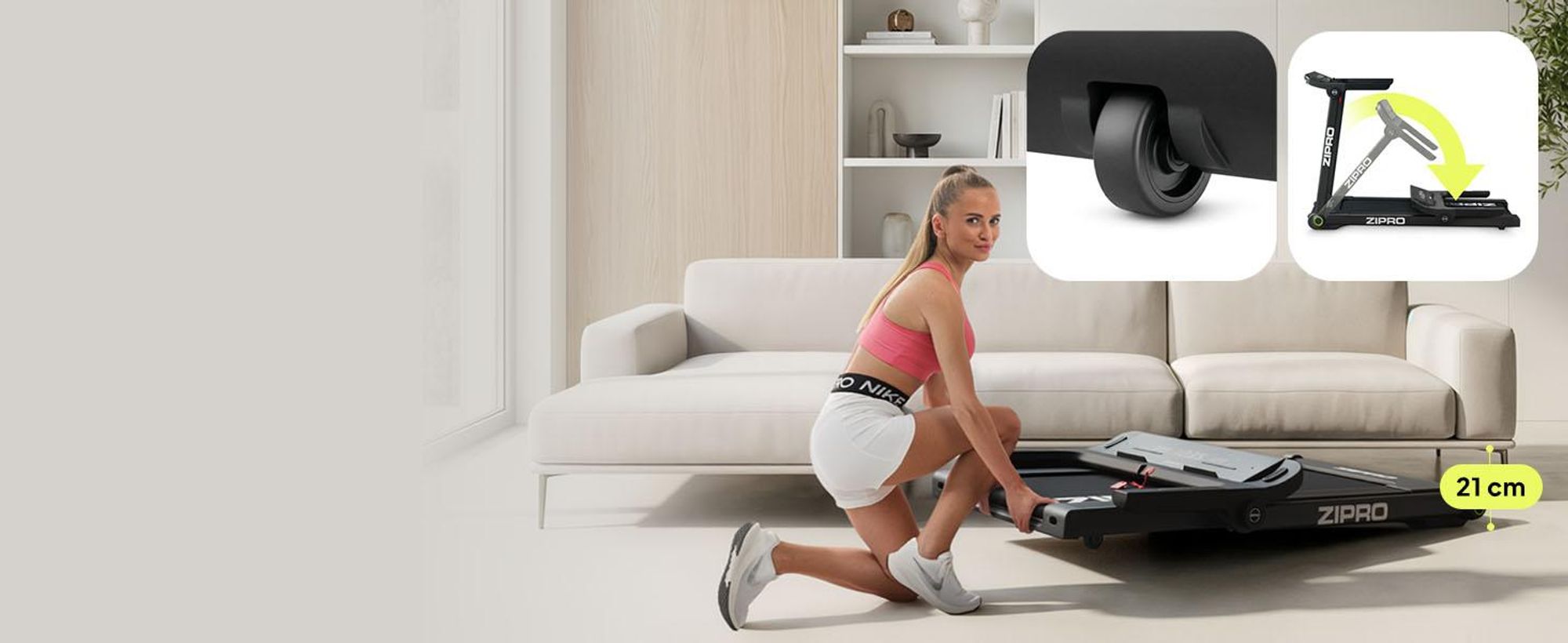 Składana bieżnia Zipro Pacto – elektryczna bieżnia fitness Ultra Flat do przechowywania pod łóżkiem Kompatybilna z aplikacją (Kinomap/FitShow) i ekranem dotykowym LED