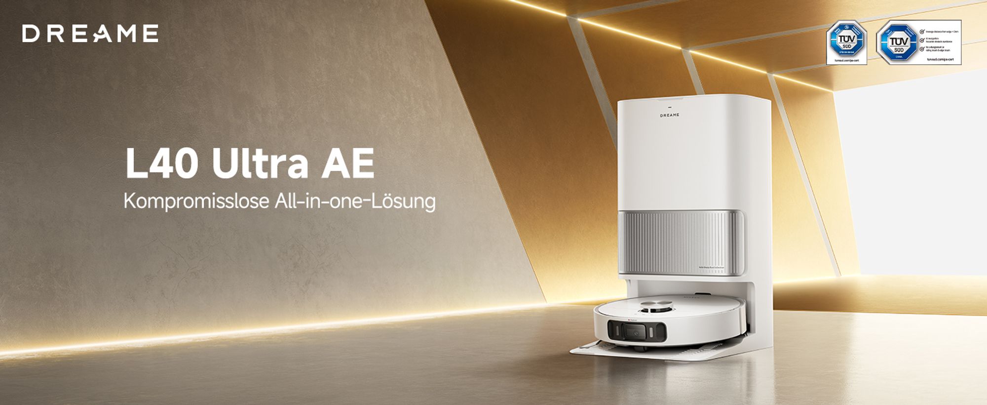 Dreame L40 Ultra AE Roboterstaubsauger mit Wischfunktion 2in1, 19000 Pa Saugleistung, 75 °C Selbstreinigung, Anti-Tangle, Dual-Line-Laser, Weiß