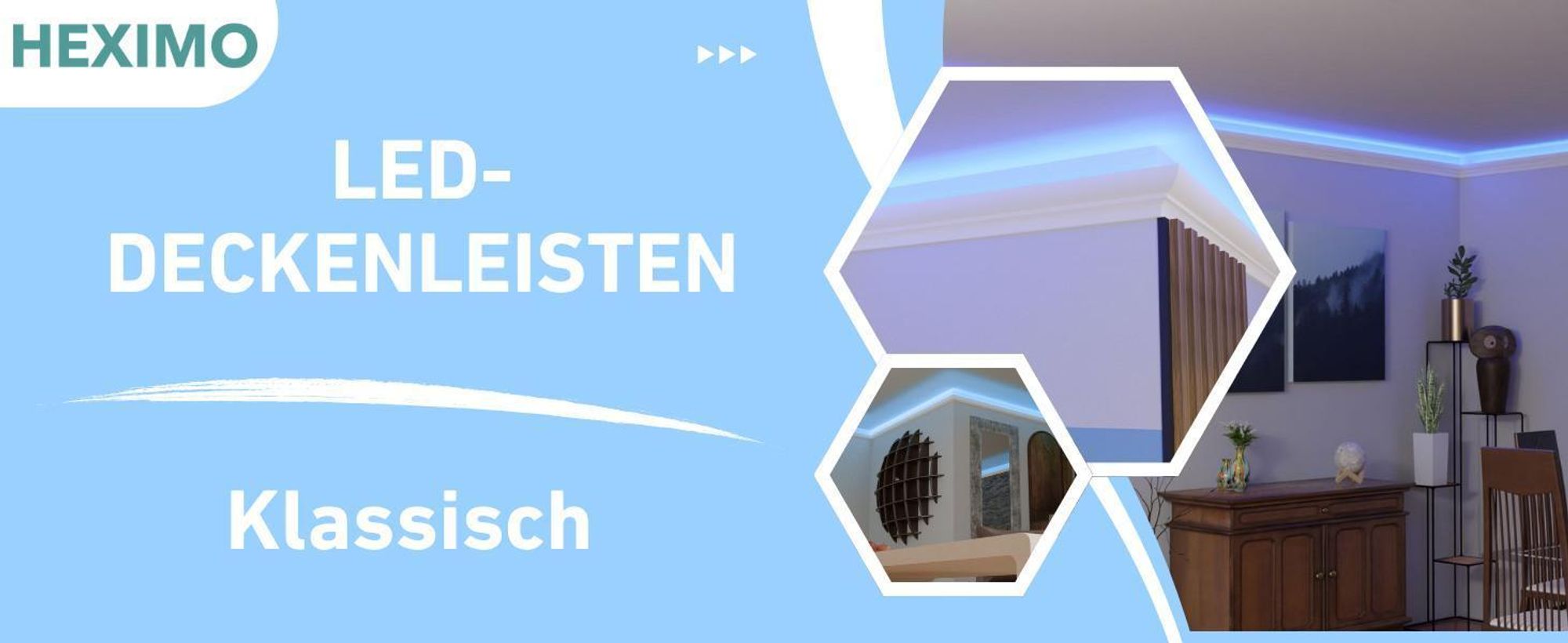 HEXIMO LED Stuckleisten klassisch, XPS Styropor indirekte Beleuchtung Wand- & Deckenleisten Styroporleisten für Decken (20,4 Meter HLED 3)