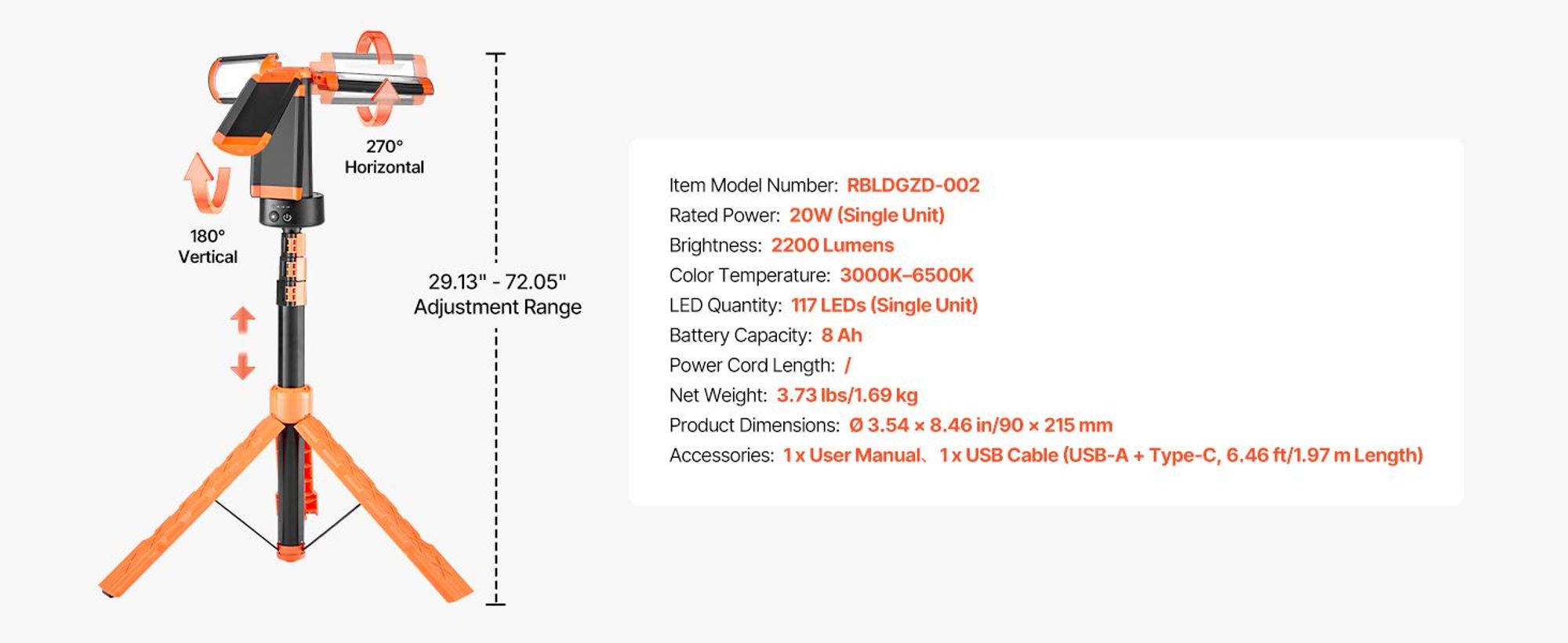 VEVOR LED-Arbeitslicht mit Stativ, 21000 Lumen, tragbares Campinglicht mit drei Köpfen und individuellem Schalter, Stativ, 3,3 m Stromkabel, für Innen- und Außeneinsatz auf Baustellen, IP65 wasserdicht, 2200 lm, 8Ah