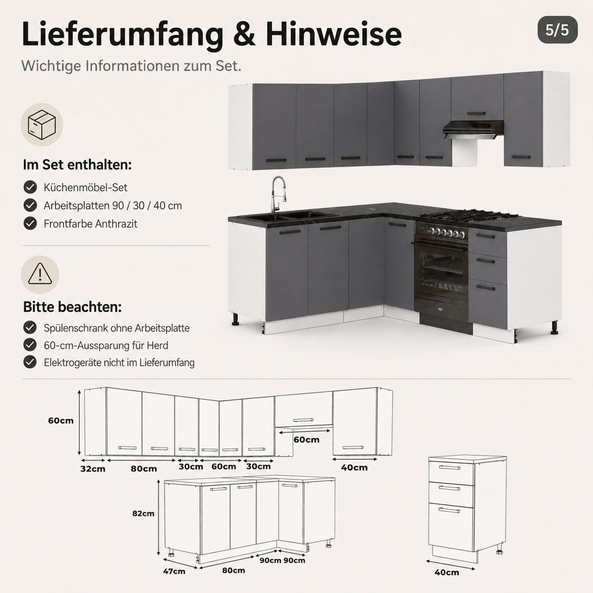 Lieferumfang der Eckküche mit Arbeitsplatten 90/30/40 cm; Elektrogeräte sind nicht enthalten.