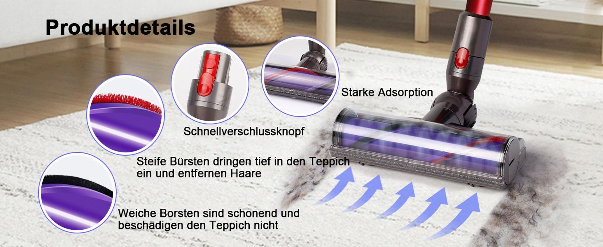 Bürste Kompatibel mit Dyson V7 V8 V10 V11 V15 Staubsauger, Bodenbürste Zubehör mit Direktantrieb Weiche-Reinigungsbürste, für kabellosen Staubsauger