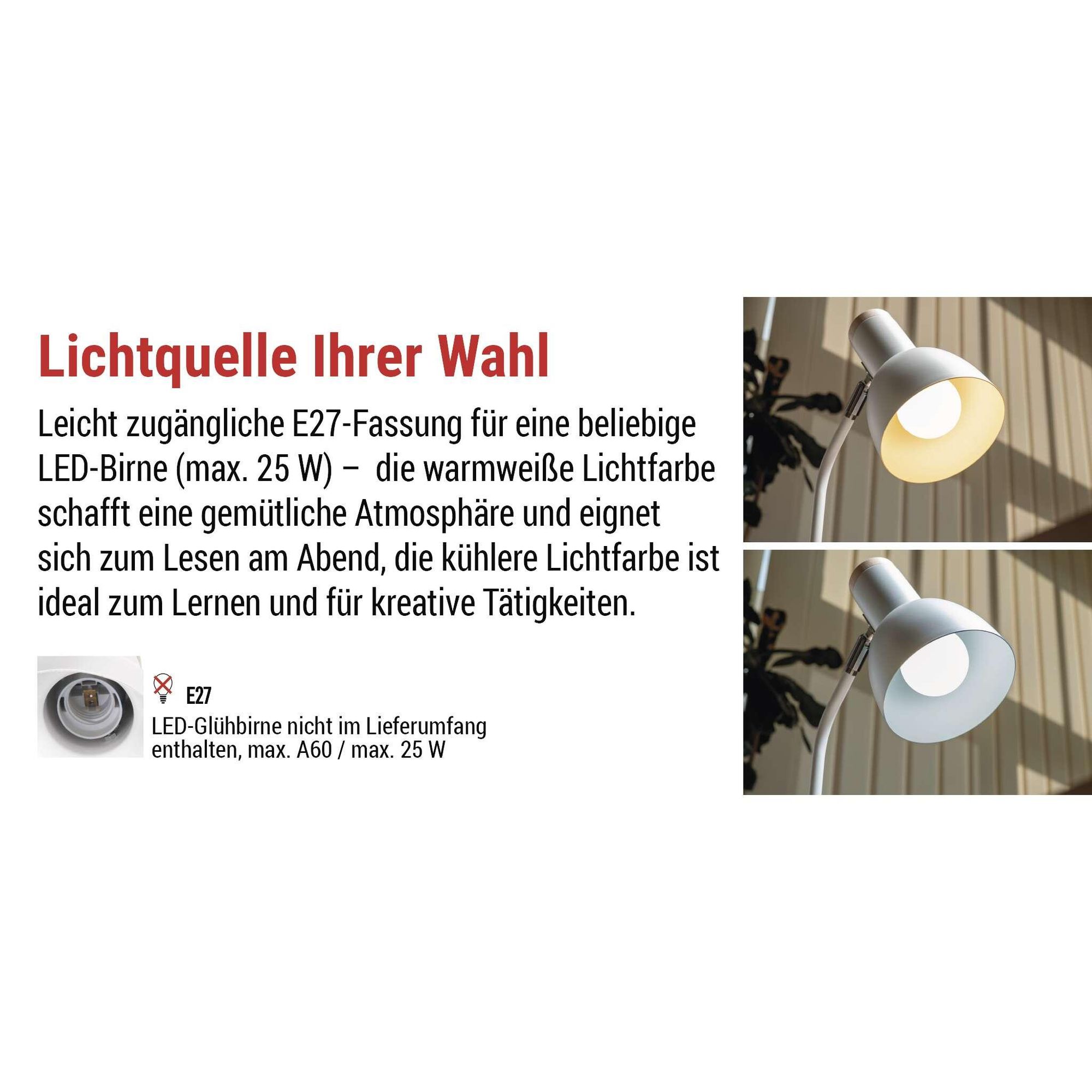 EMOS LED Tischlampe POPPY mit Stift-Halter, E27 Gewinde, Netzkabel 1,5m mit Schalter und Eurostecker, ohne Lichtquelle, E27 max. 25W, Weiß, Z7640W