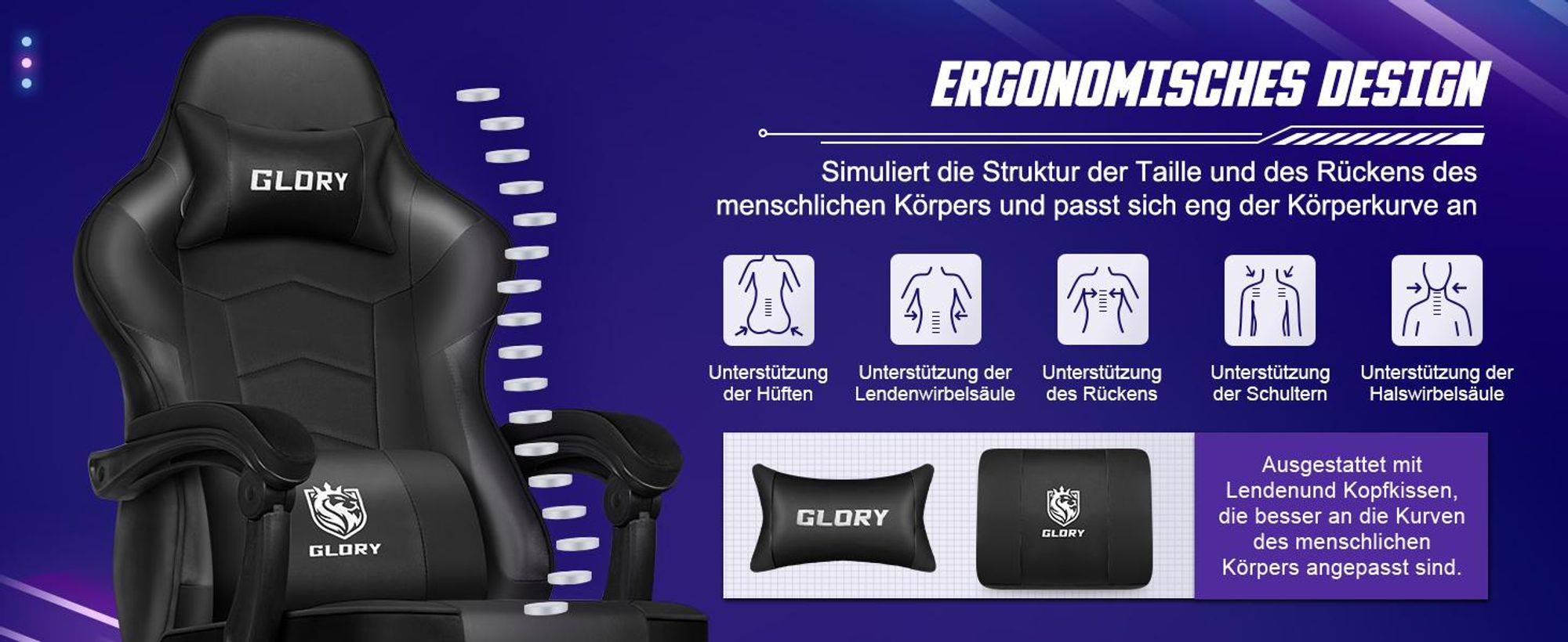 Aiibot Gaming Stuhl Bürostuhl Schreibtischstuhl Ergonomischer Gaming Sessel mit Fußstütze und Lordosenstütze, Wippfunktion90°-170°, Schwarz