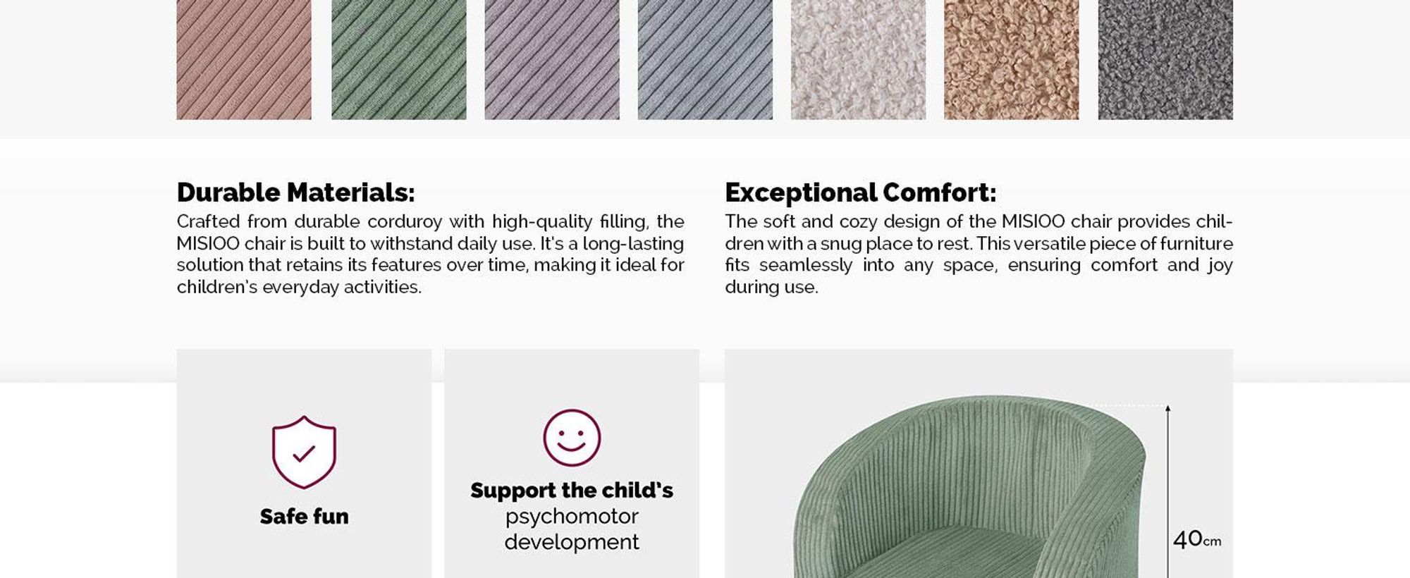 MISIOO Detské kreslo od 1 roka - Detské kreslo Corduroy Premium - stabilné a mäkké - ergonomicky polstrované - 40x53x36 cm