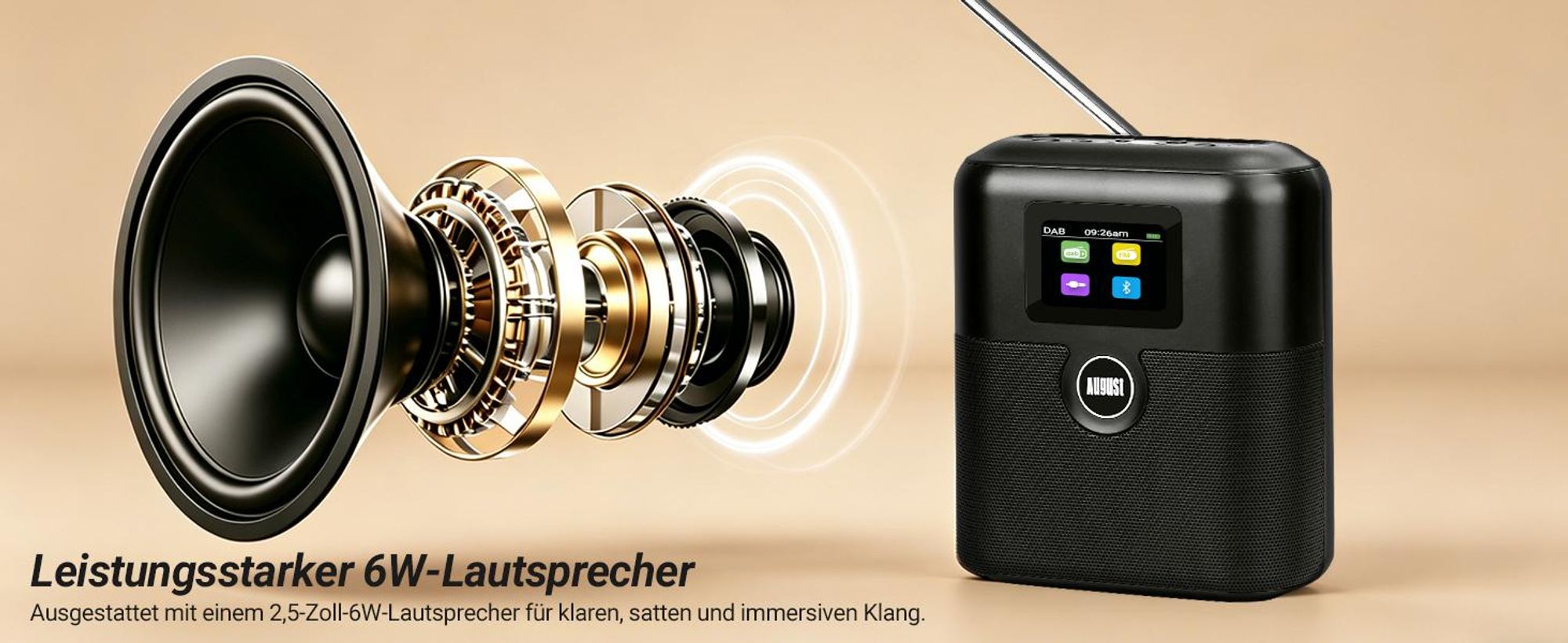 Tragbares DAB+/UKW Radio mit Bluetooth Akku Doppel Wecker, 60 Presets - August MB330
