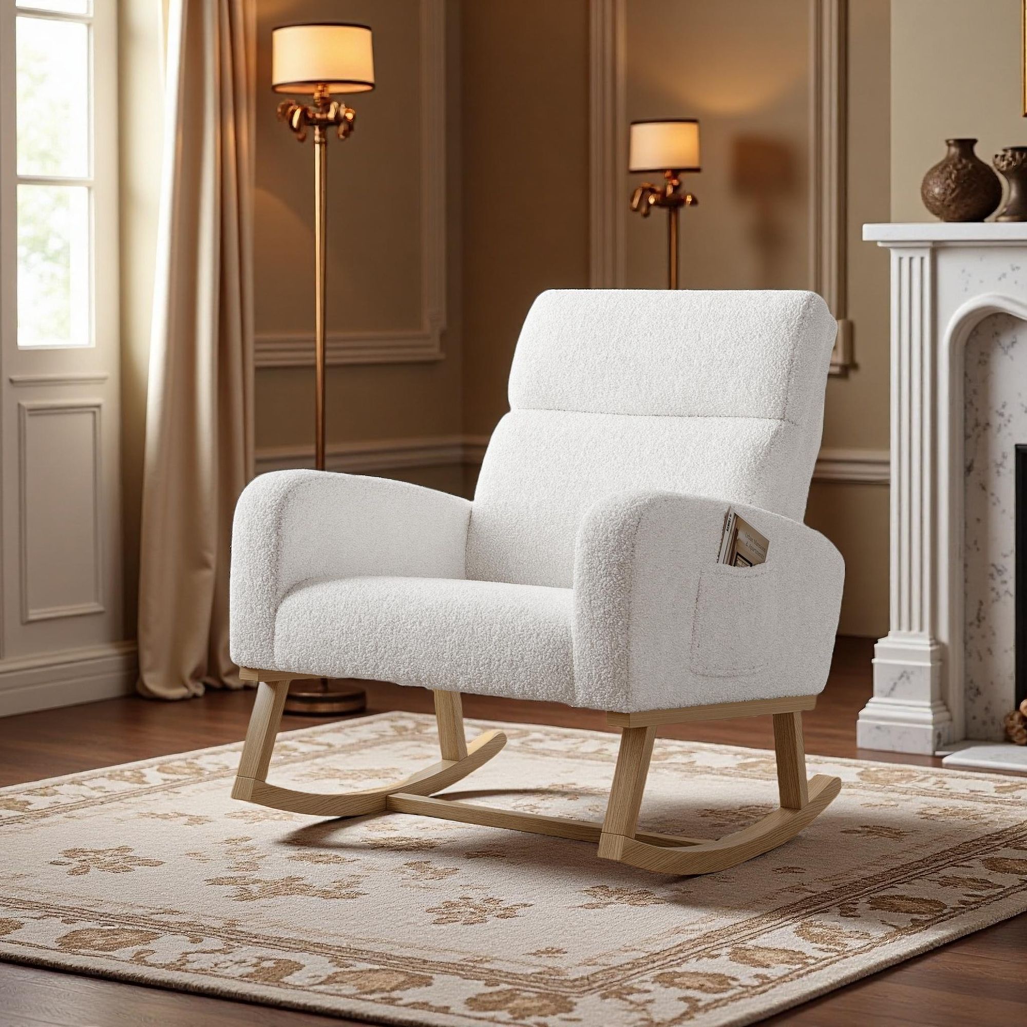 Schaukelstuhl Mid-Century Modern Nursery Schaukelsessel gepolstert hohe Rückenlehne Accent Glider Rocker für Wohnzimmer,Massivholzrahmen, hochwertige Stoffe (Beige)
