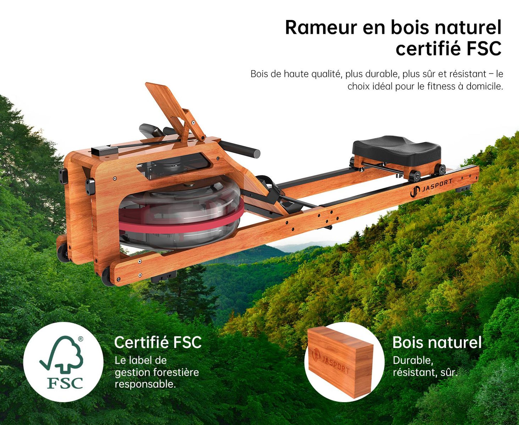 JASPORT R3 rameur à eau pliable en chêne , Bluetooth, écran LCD, Kinomap, réservoir de 28 l, jusqu’à 150 kg – Cherry