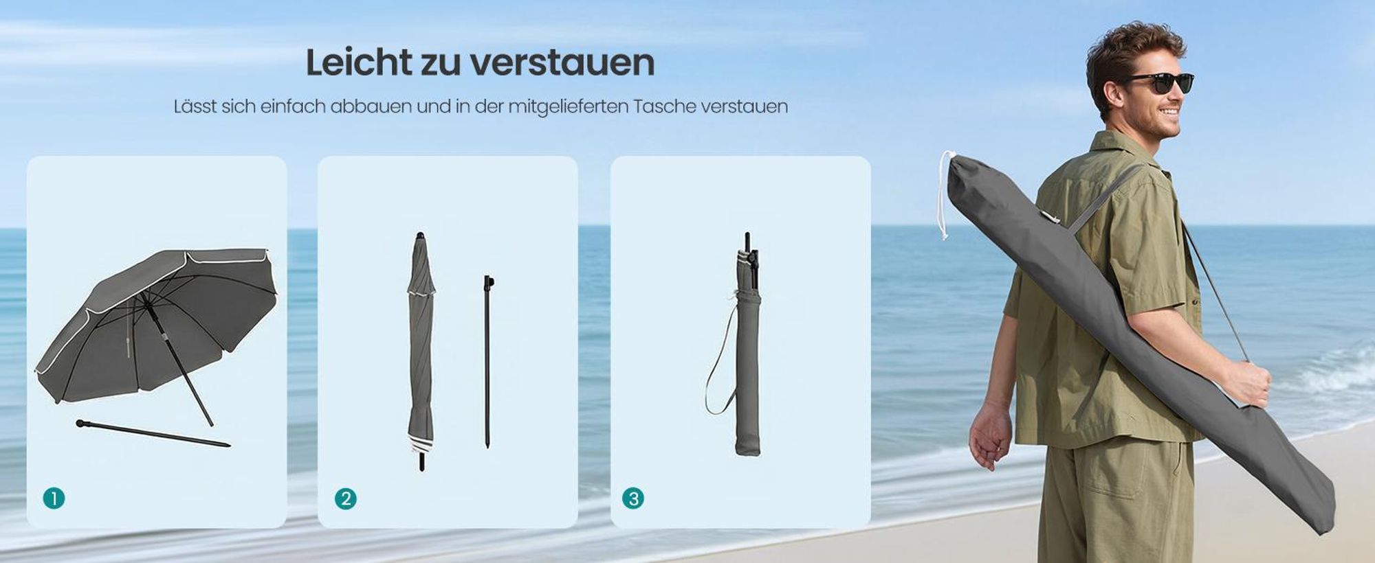 SONGMICS Strandschirm höhenverstellbar, UV-Schutz UPF 50+, Sonnenschirm mit Tragetasche, für Garten, ohne Ständer, grau