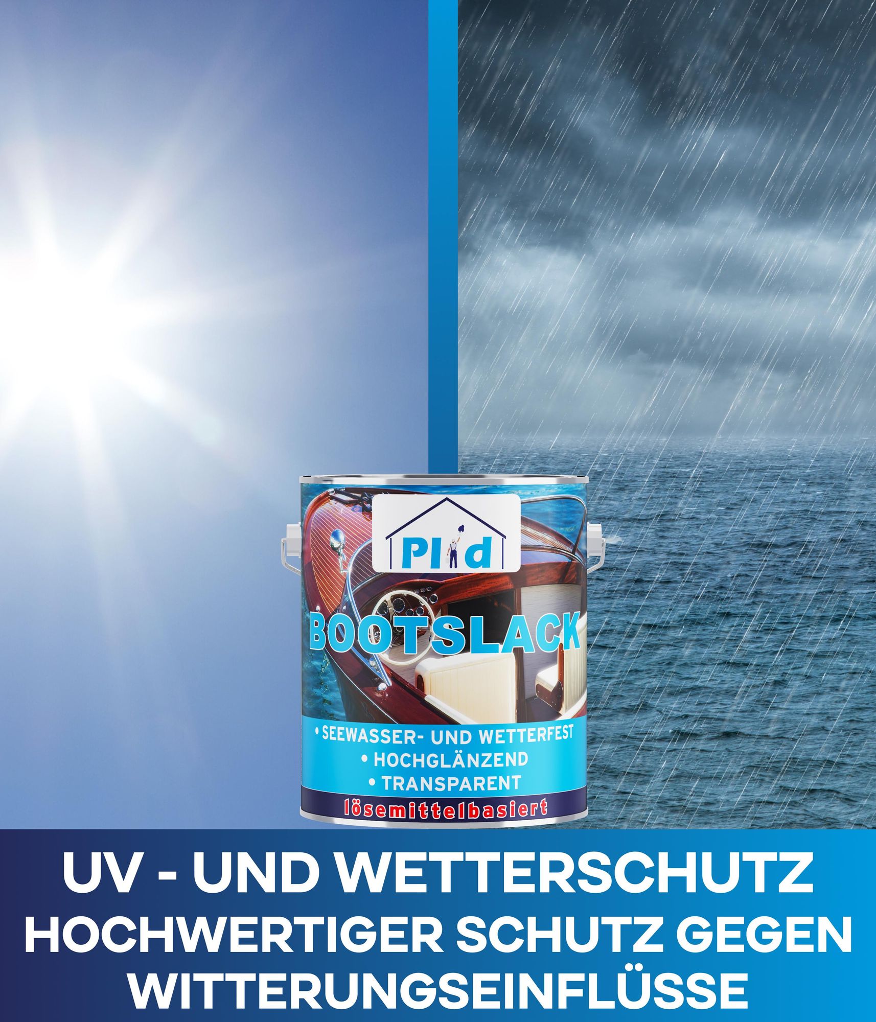 Plid Bootslack 2,5L + Pinselset 3-tlg. Farblos Glänzend – für ca. 25m² / Klarlack Holzlack Schiffslack Holzschutz – wasserfest & strapazierfähig