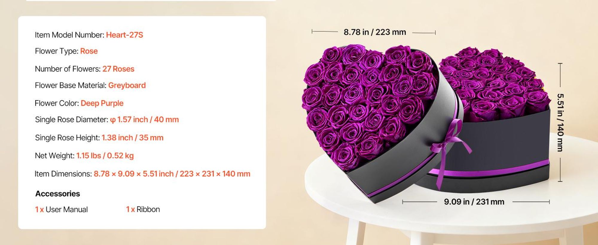 VEVOR Ewige Blumen, 100 konservierte Rosen in einer herzförmigen Box, ewige Blumen unsterblicher Strauß Geburtstagsgeschenk für Frauen, Ehefrauen, Mütter, Jubiläum, Valentinstag, Weihnachten, Rot, Herz-a, Lila