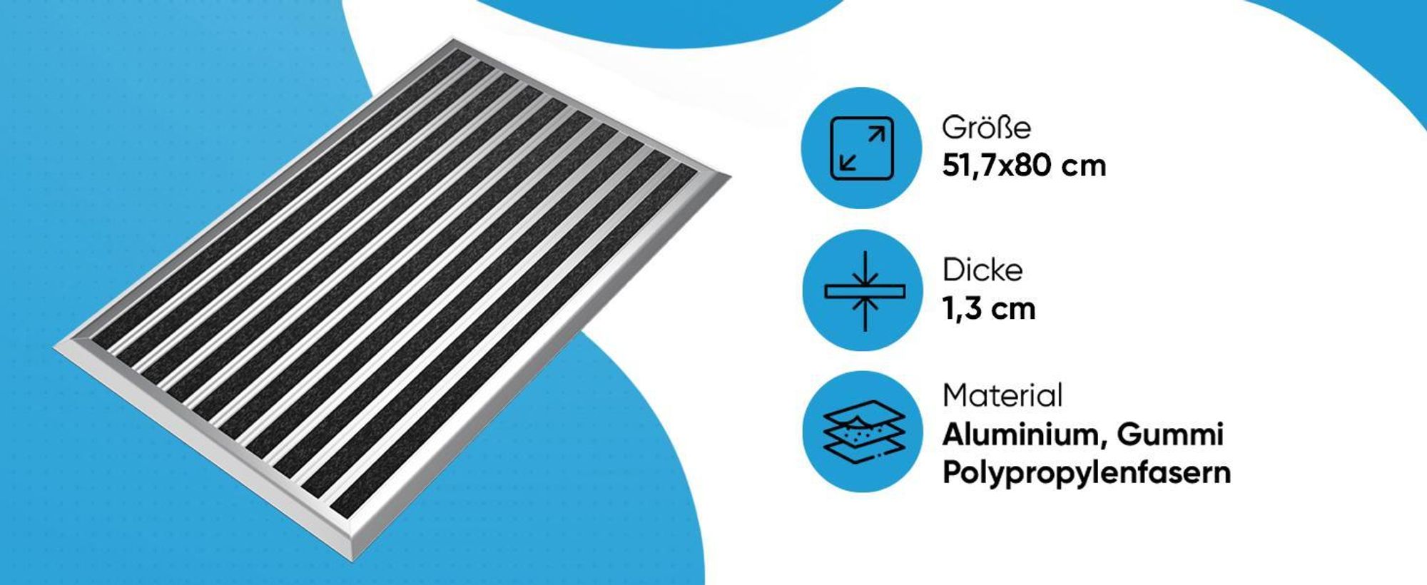 Fußmatte Außen Schmutzfangmatte für Draußen - 50 x 80 cm silbernem Aluminiumrand Wetterfester Fußabstreifer Outdoor Fußmatte