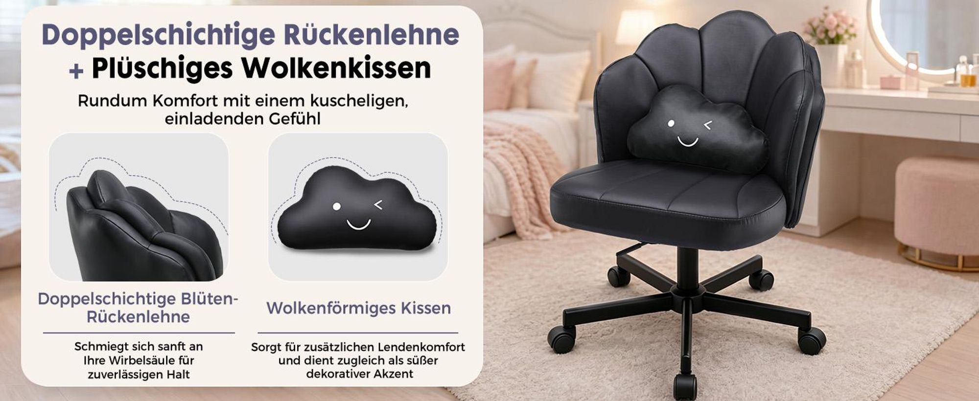 COMHOMA Schreibtischstuhl Schminkstuhl mit Rollen, Doppelter Rückenlehne und Wolkenkissen, Höhenverstellbarer Drehstuhl, Bürostuhl Kunstleder, Schwarz