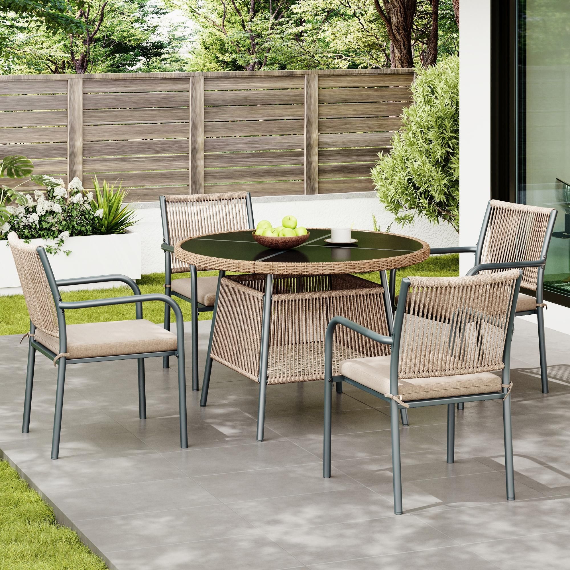 Flieks Rattan Gartenlounge-Set 5-tlg. für 4 Personen, 4 Essstühlen mit Rundem Glastisch, Gartenloungeset Sitzgruppe mit Eisengestell, Grau