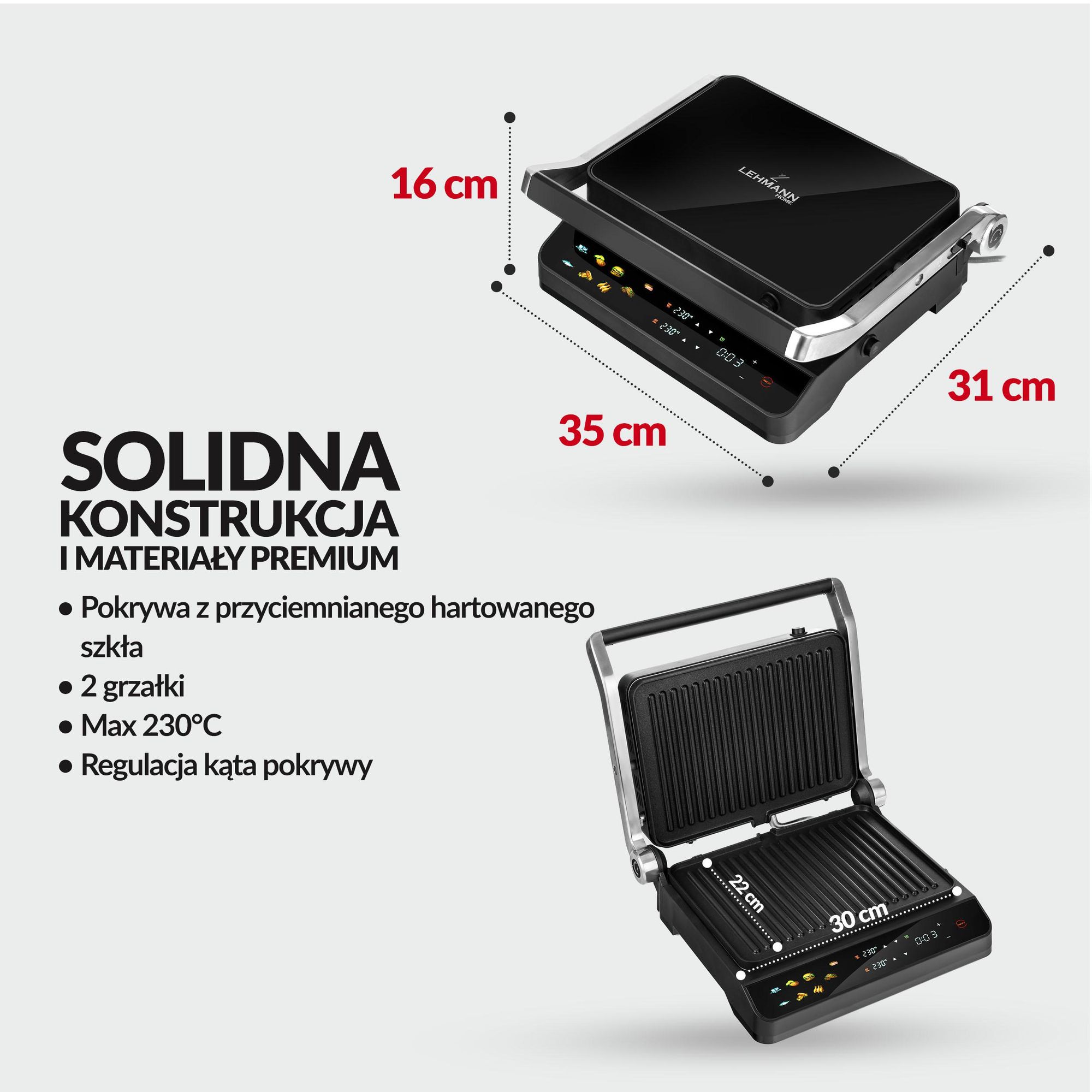 Grill elektryczny LEHMANN STELIO, opiekacz do Panini, tostów, steków 2000W + programator czasu i temperatury 90 - 230℃, rozkładany, Lehmann LHOEG-2029