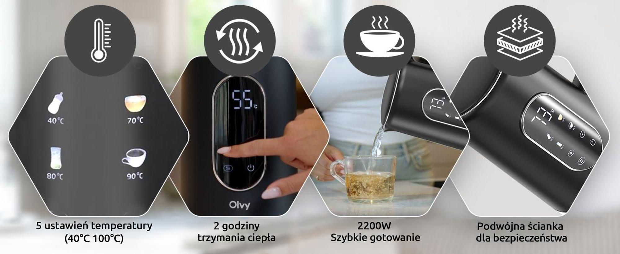 Czajnik Olvy z ustawieniem temperatury 1,7 l - wyświetlacz LCD, 2200 W, bez BPA, funkcja utrzymywania ciepła, filtr antywapienny, wybór temperatury 40-100°, stal nierdzewna