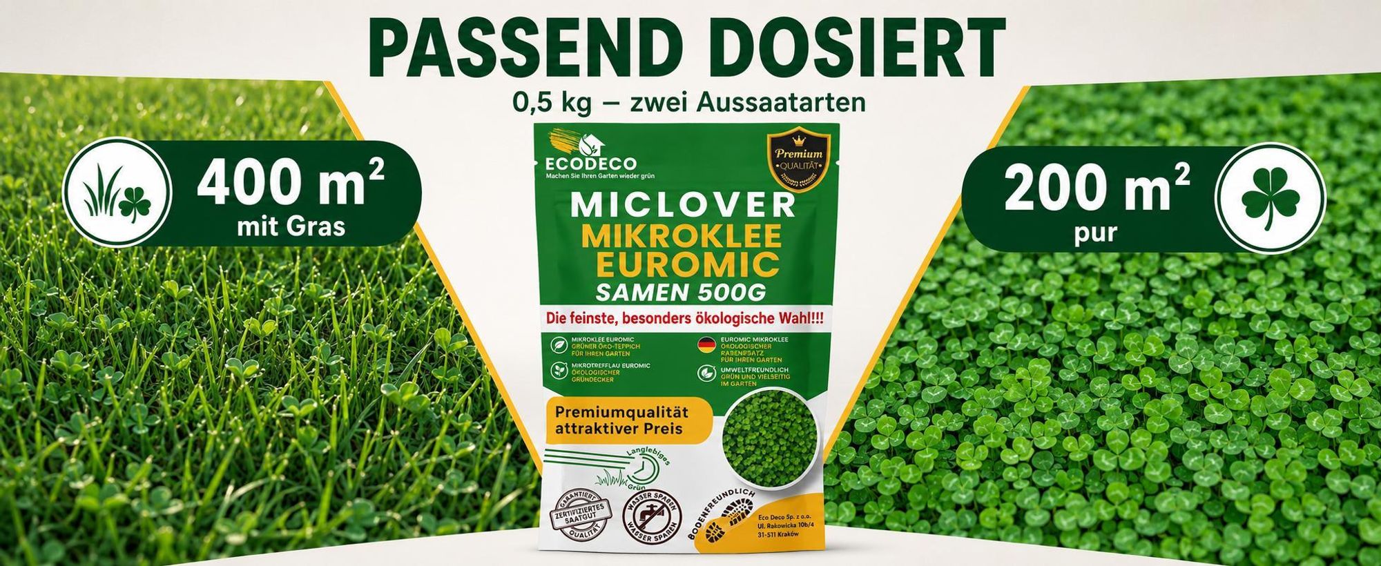 EcoDeco Mikroklee Samen Euromic 0,5 kg, Mikroklee Samen für Rasen mit Mikroklee, Klee Samen, Weißklee Samen, qualifiziertes Saatgut C/1