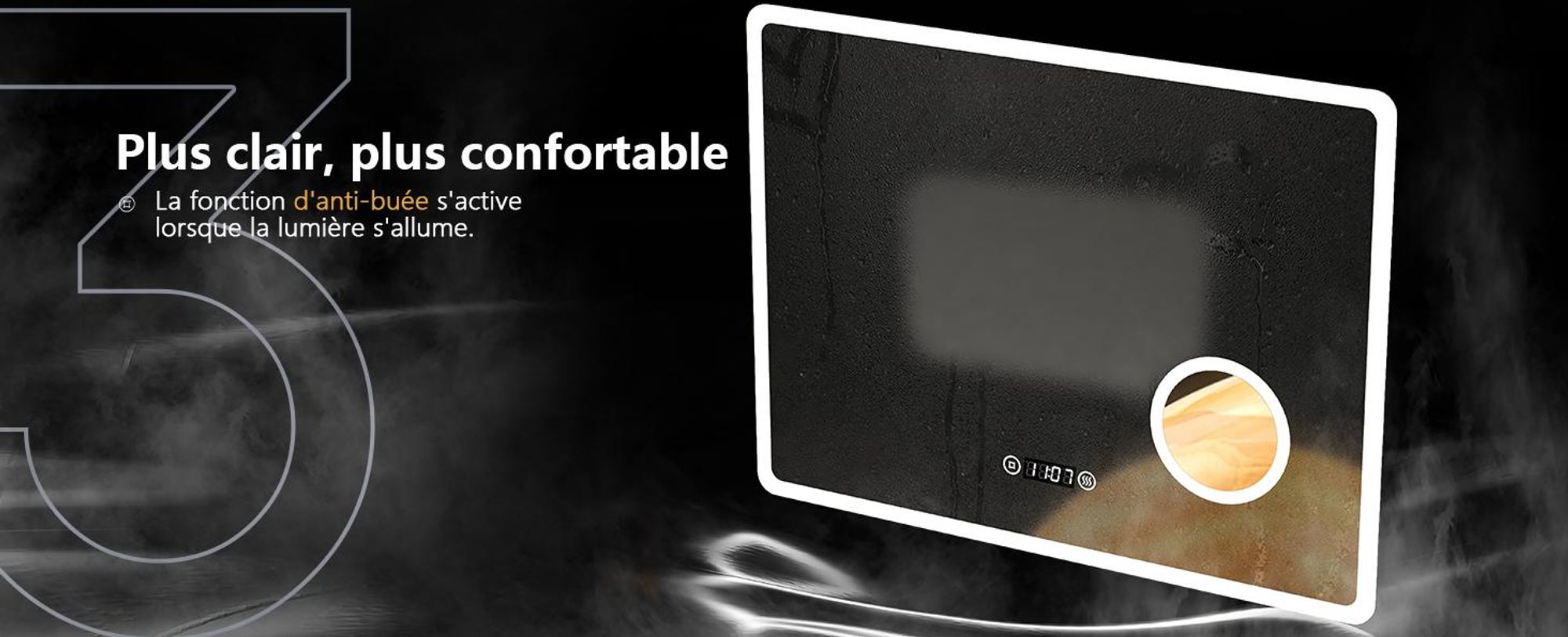 EMKE Miroir de salle de bain avec grossissement 3X Interrupteur tactile 3 couleurs de lumière Variable Horloge anti-buée 80X60cm