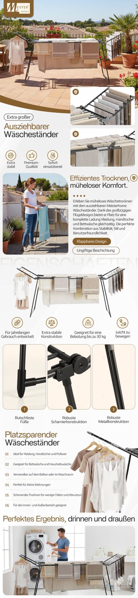 Meisterhome® Wäscheständer Ausziehbar Schwarz – 25 m Trockenlänge – Extra Groß & Klappbar – Stabiler Wäschetrockner Kohlenstoffstahl – Bis 30 kg Belastbar