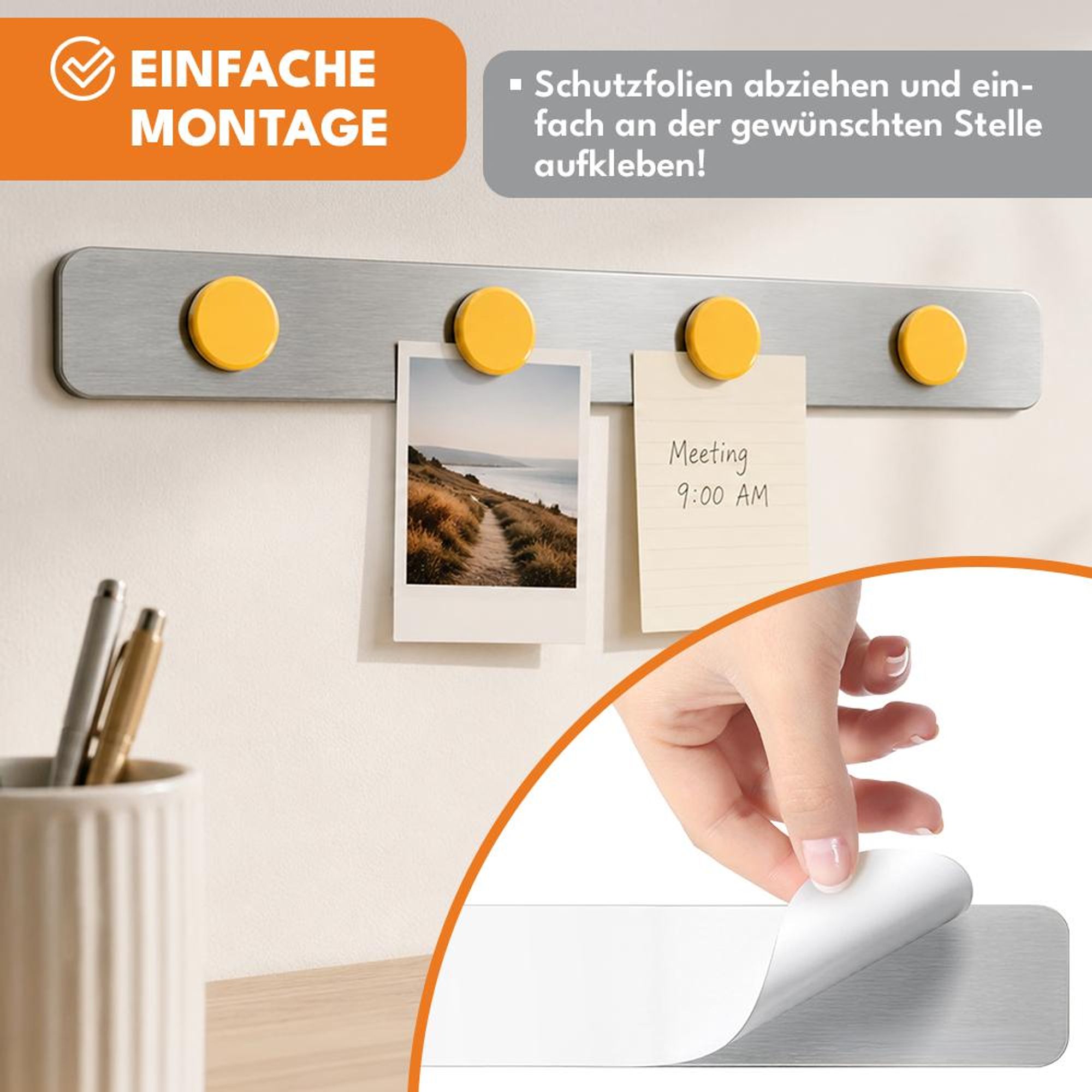 KRUMAD Magnetleiste, Magnetstreifen selbstklebend 4 Stück mit 16 Magnetstiften, Magnetleiste aus Metall für Fotos, Notizen, Papiere, Kalender und Büro