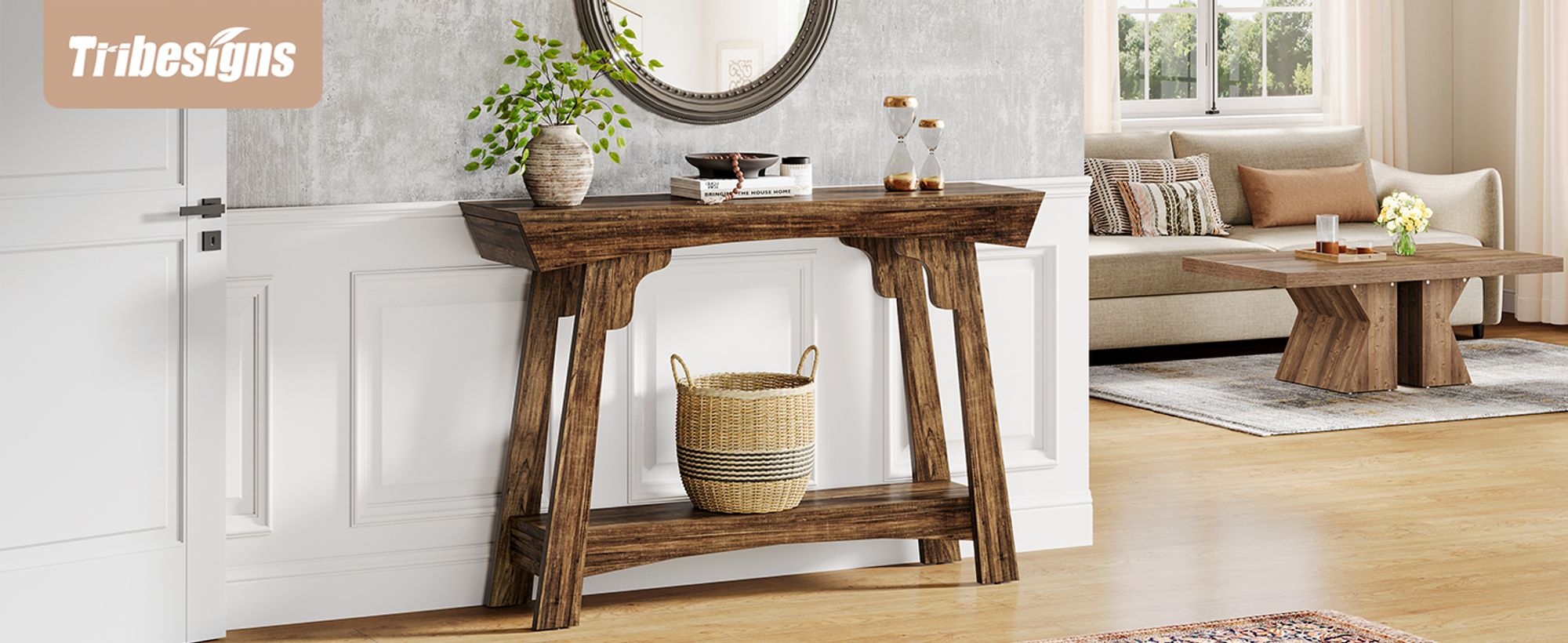 Tribesigns Konsolentisch 105cm mit Lagerung, 2-Tier Holz Eingangstisch mit Regal, Bauernhaus schmalen Sofatisch für Foyer, Flur, Wohnzimmer