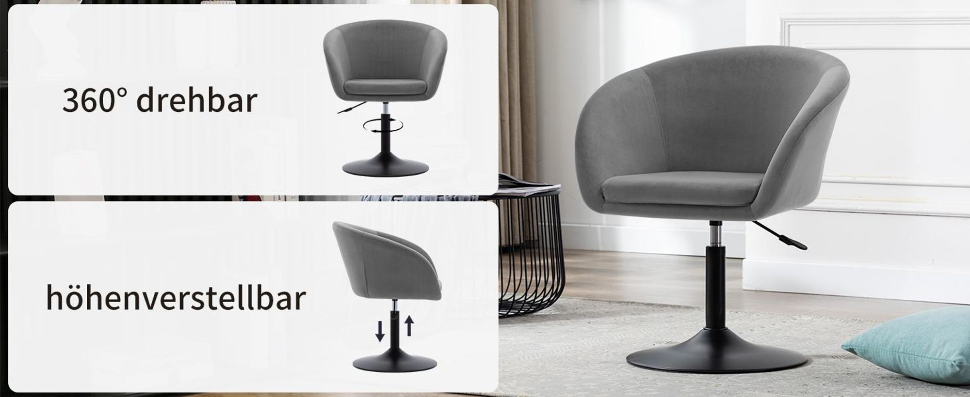 Duhome Clubsessel Cocktailsessel aus Samt Loungesessel Höhenverstellbar Drehhocker mit Armlehne und Rücklehne, Grau