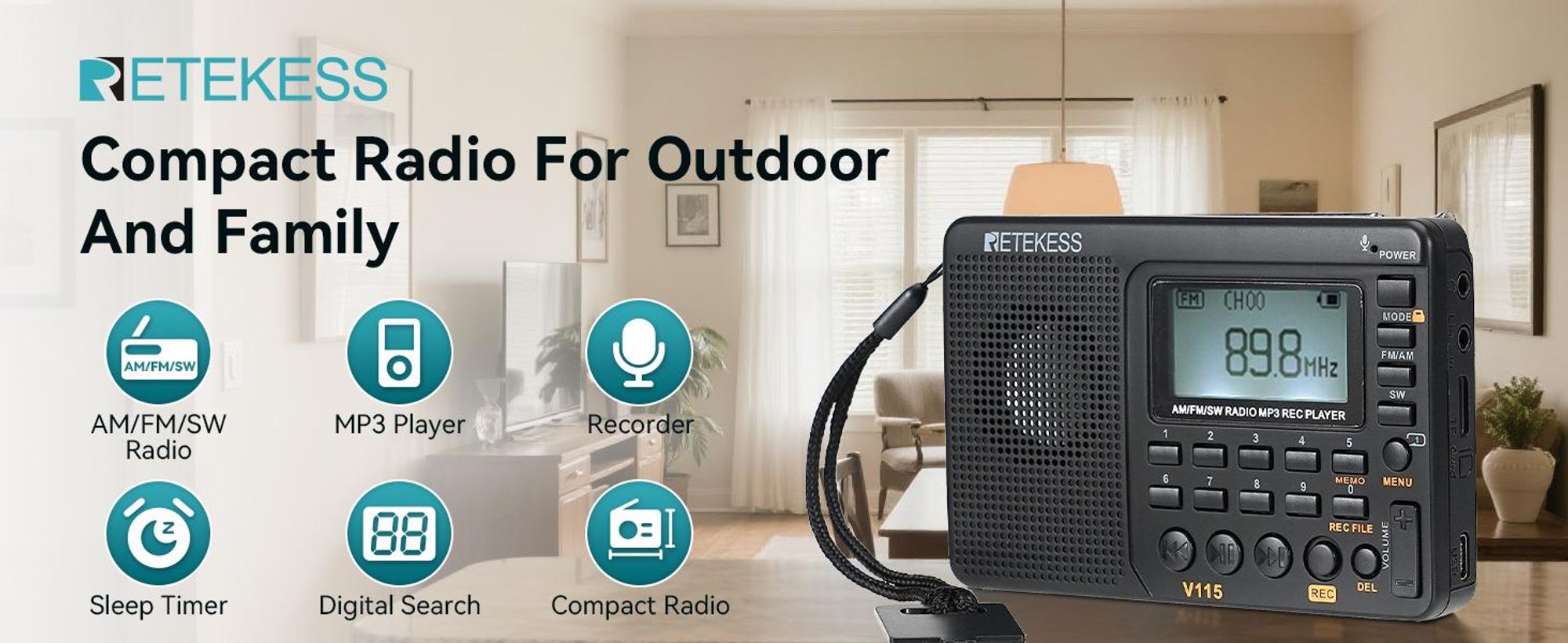 Retekess V115 Přenosné rádio, AM FM SW rádio s dobíjecí baterií 1000mAh, 32GB TF karta, vánoční dárky pro rodinu
