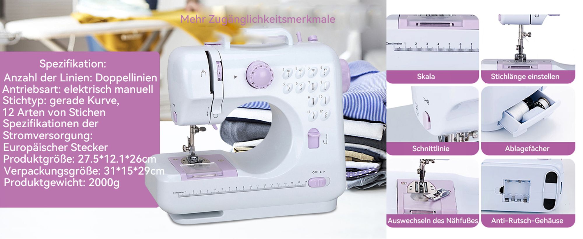 Nähmaschine, Handnähmaschine, Nähen Maschine, Strickmaschine, mit 2 Schalter und 12 Programme, Haushalt, mit 12 integrierten Sticharten, für Anfänger