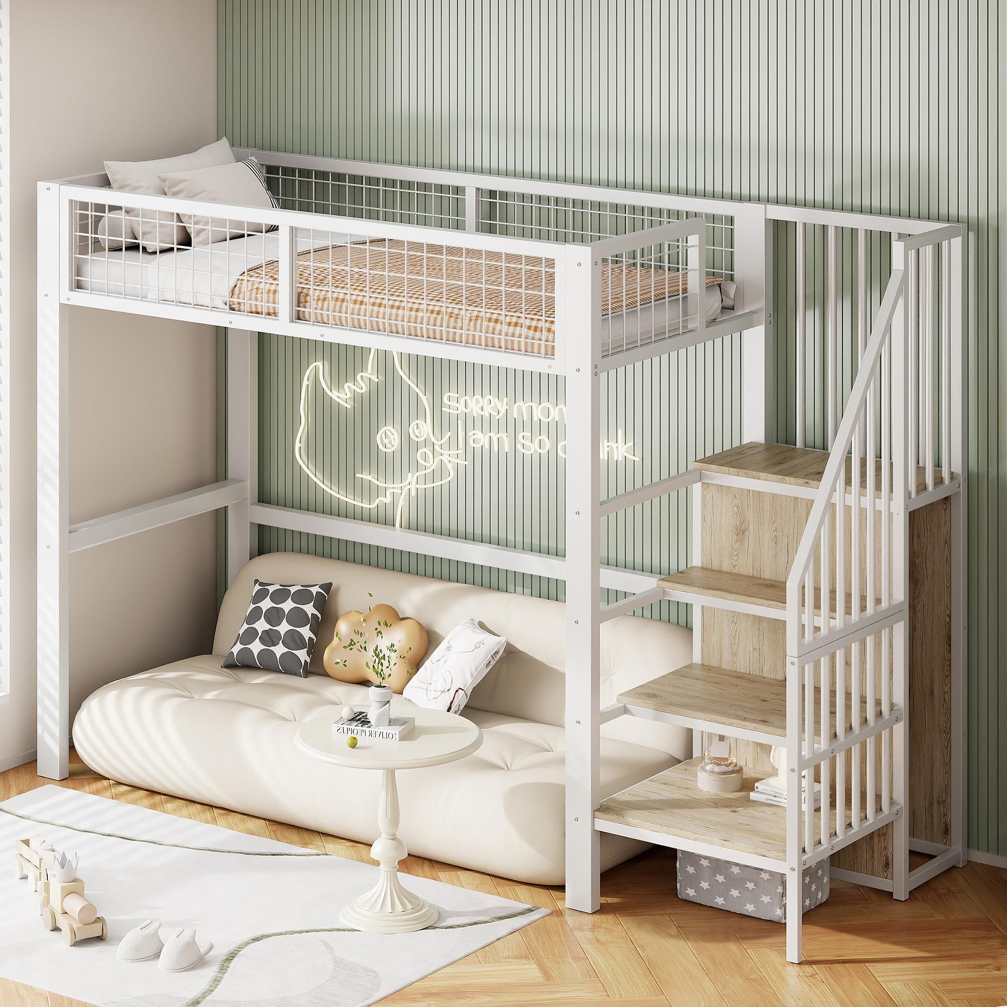 Merax Hochbett mit Schreibtisch, Bücherregalen und Tastaturablage, Etagenbett 90x200cm mit Rausfallschutz, Metallbett mit Lattenrost, Einzelbett Jugendbett mit Leiter, Weiß