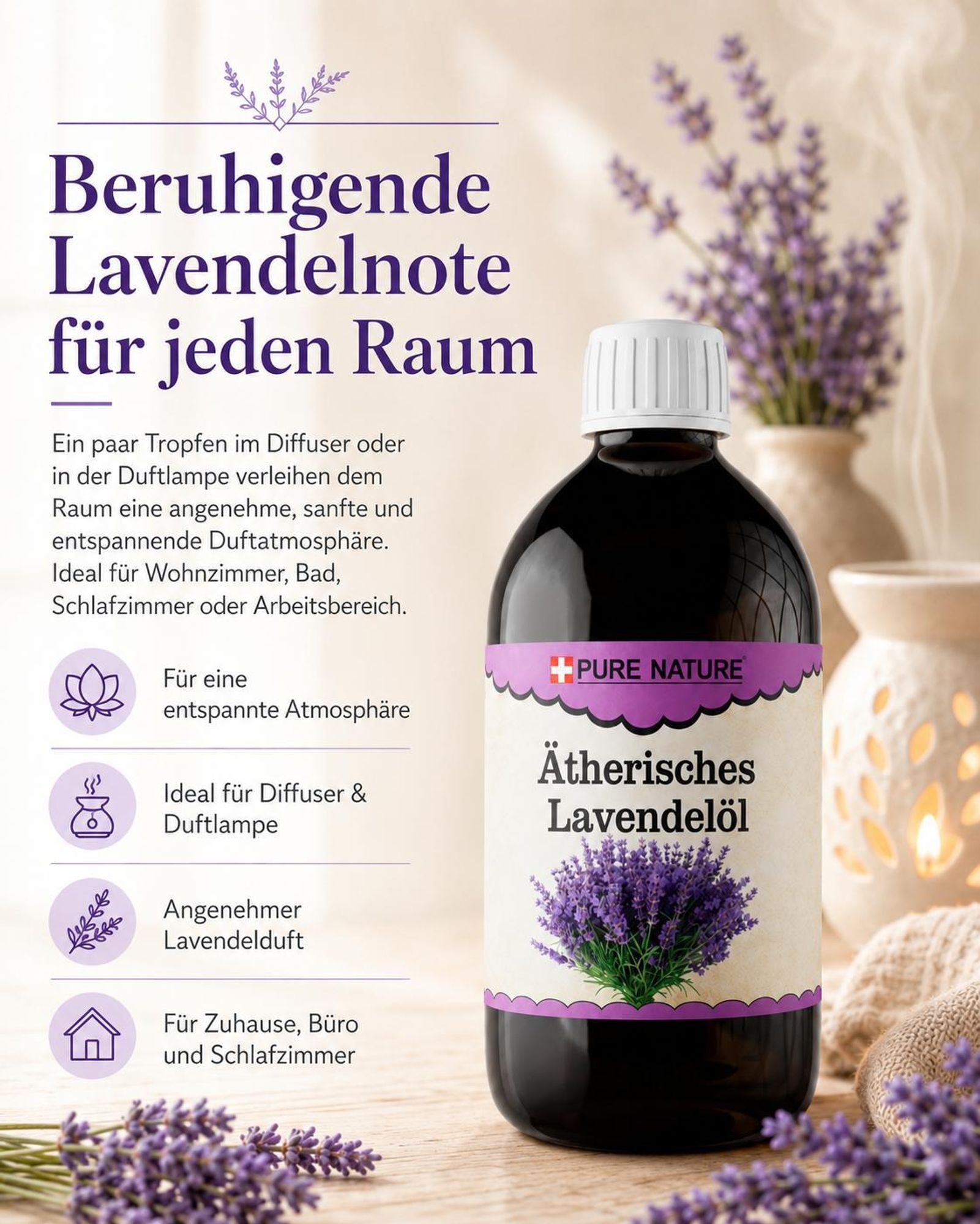 Werbegrafik für Lavendelöl mit Flasche, Lavendel und Hinweis auf entspannenden Duft.
